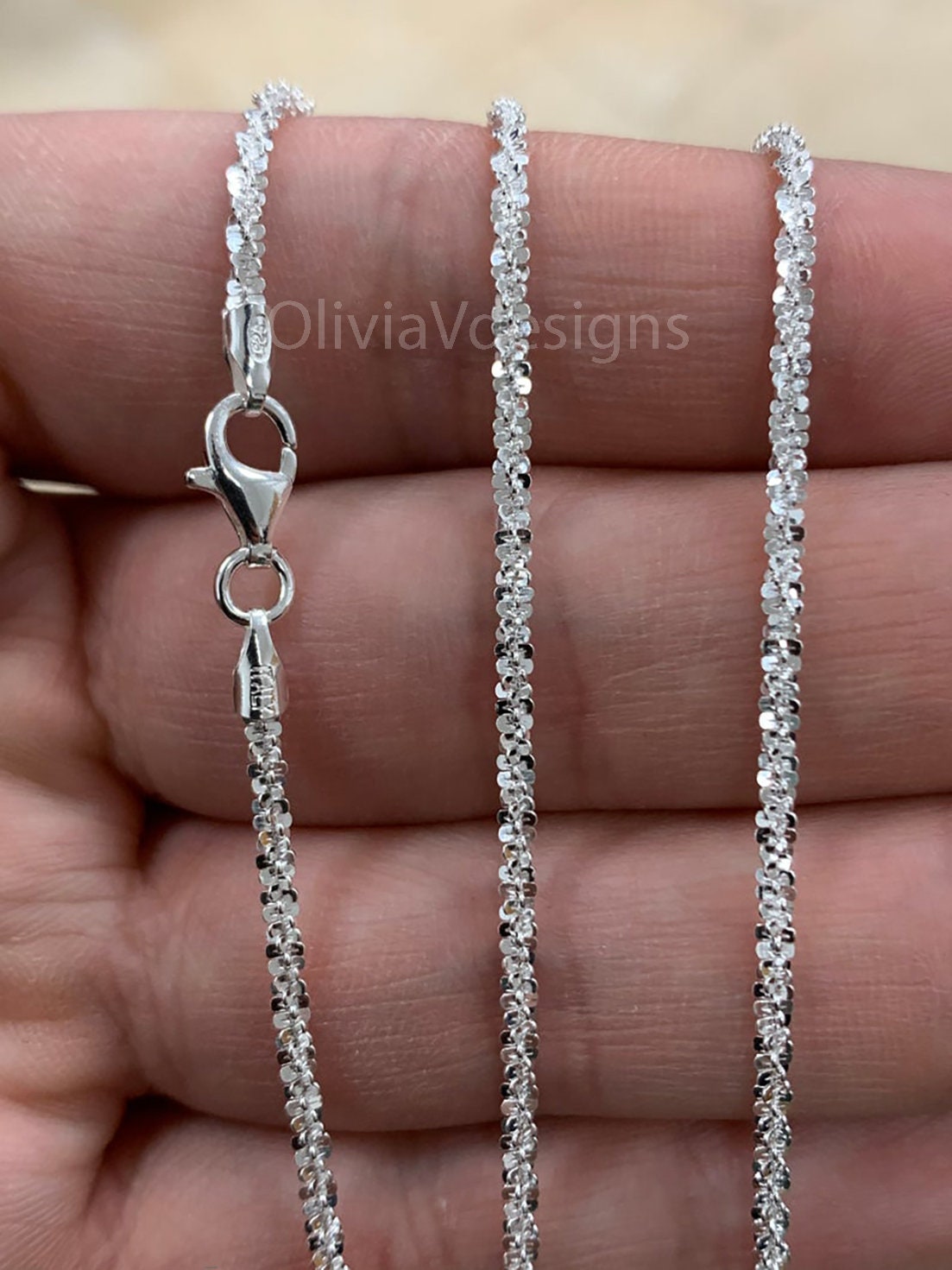 925 Sterling Silver Sparkle Glitter Margarita Twisted Rock Chain 2.5mm Necklace, Real 925 Sterling Silver, Diamond Cut, Sale, Made In Italy