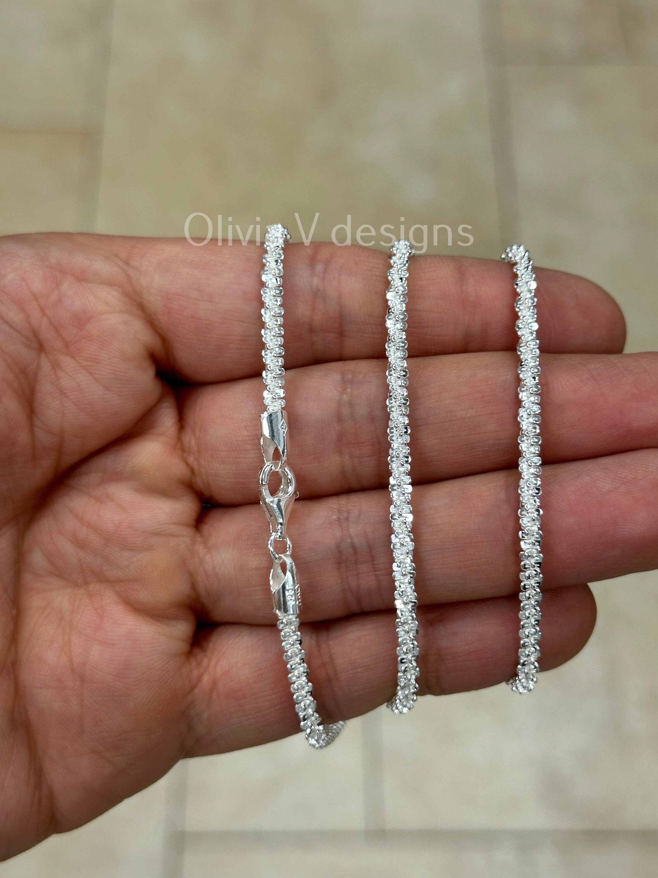 925 Sterling Silver Sparkle Glitter Margarita Twisted Rock Chain 3.5mm Necklace, Real 925 Sterling Silver, Diamond Cut, Sale, Made In Italy