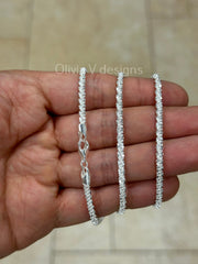 925 Sterling Silver Sparkle Glitter Margarita Twisted Rock Chain 3.5mm Necklace, Real 925 Sterling Silver, Diamond Cut, Sale, Made In Italy