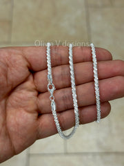 925 Sterling Silver Sparkle Glitter Margarita Twisted Rock Chain 3.5mm Necklace, Real 925 Sterling Silver, Diamond Cut, Sale, Made In Italy