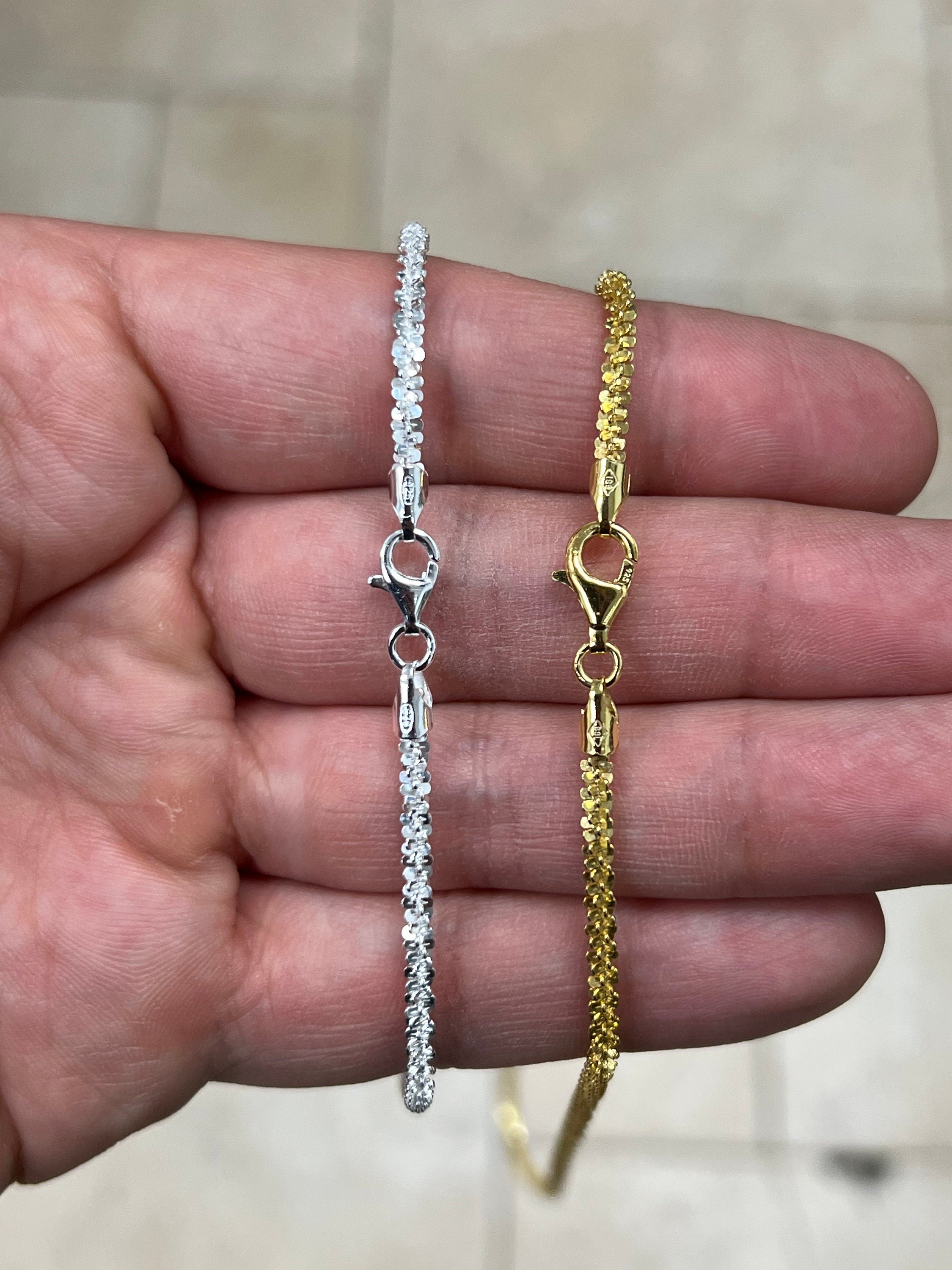 925 Sterling Silver Sparkle Glitter Margarita Twisted Rock Chain 3mm Necklace, 14k Gold Or Silver, Diamond Cut, Sale, Made In Italy