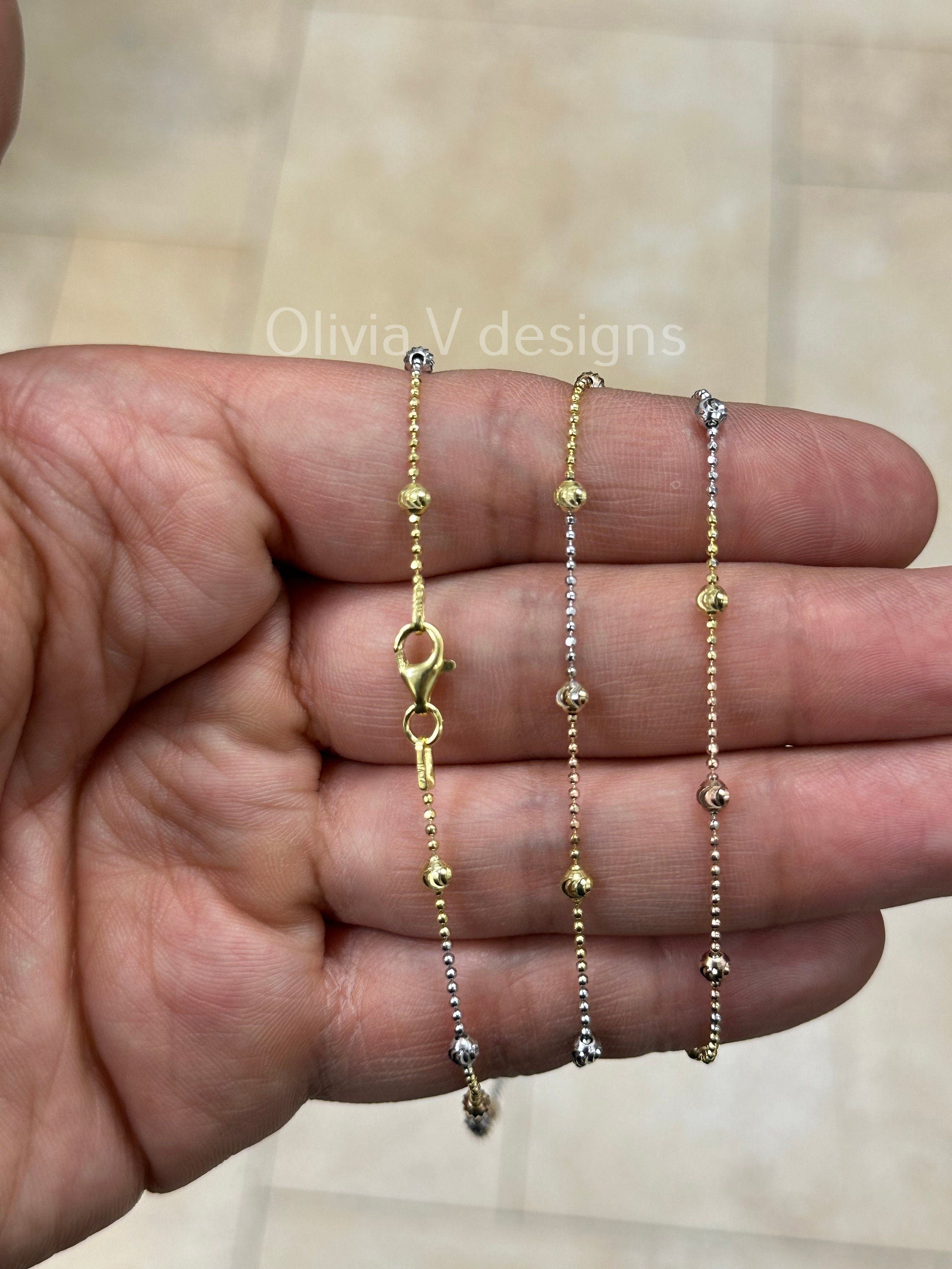925 Sterling Silver Tri-Color 1.2mm Diamond Cut Station Bead With 3mm Moon Cut Necklace - Genuine 925 - Made In Italy