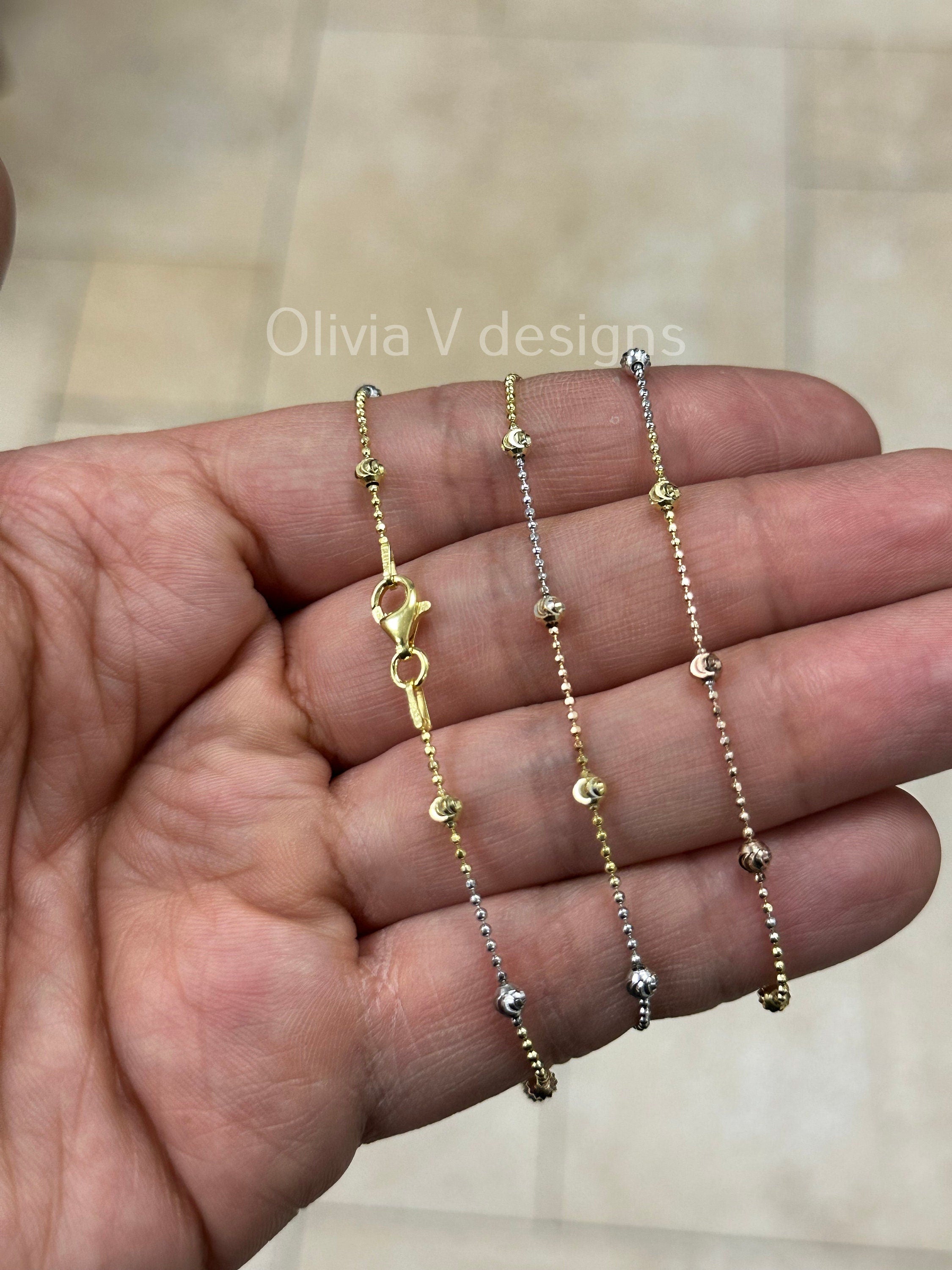 925 Sterling Silver Tri-Color 1.2mm Diamond Cut Station Bead With 3mm Moon Cut Necklace - Genuine 925 - Made In Italy