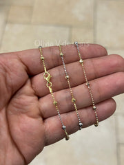 925 Sterling Silver Tri-Color 1.2mm Diamond Cut Station Bead With 3mm Moon Cut Necklace - Genuine 925 - Made In Italy