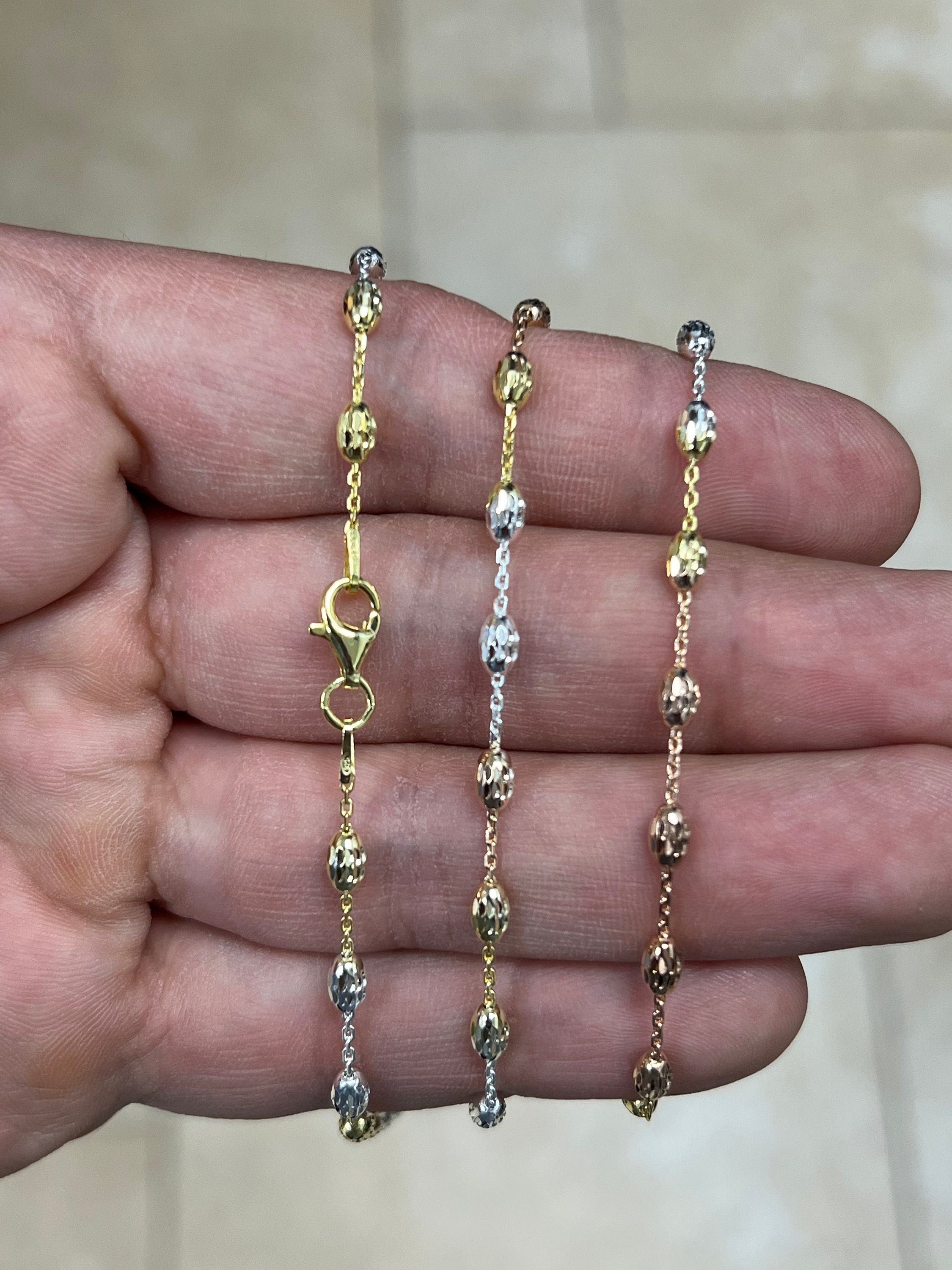 925 Sterling Silver Tri-Color Oval Moon Cut Bead Chain 3mm Necklace Bracelet Anklet - Genuine 925 - Made In Italy