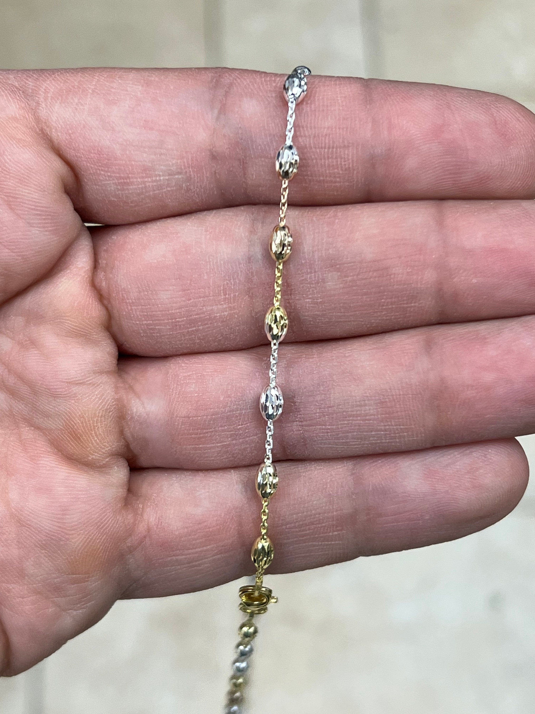 925 Sterling Silver Tri-Color Oval Moon Cut Bead Chain 3mm Necklace Bracelet Anklet - Genuine 925 - Made In Italy