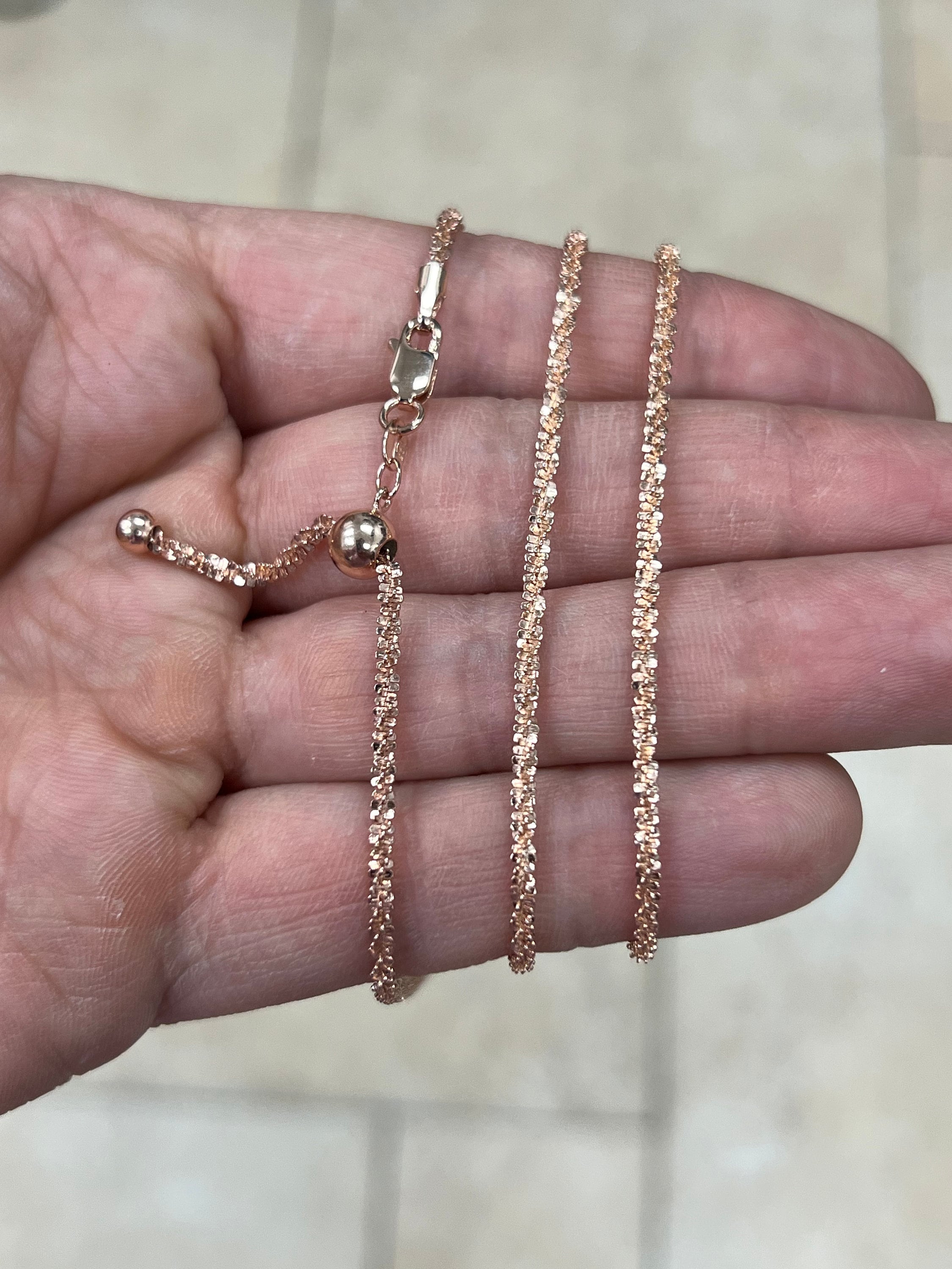 Adjustable 14K Rose Gold Over 925 Sterling Silver Sparkle Glitter Margarita Twisted Rock Chain 2.50mm Necklace, Diamond Cut