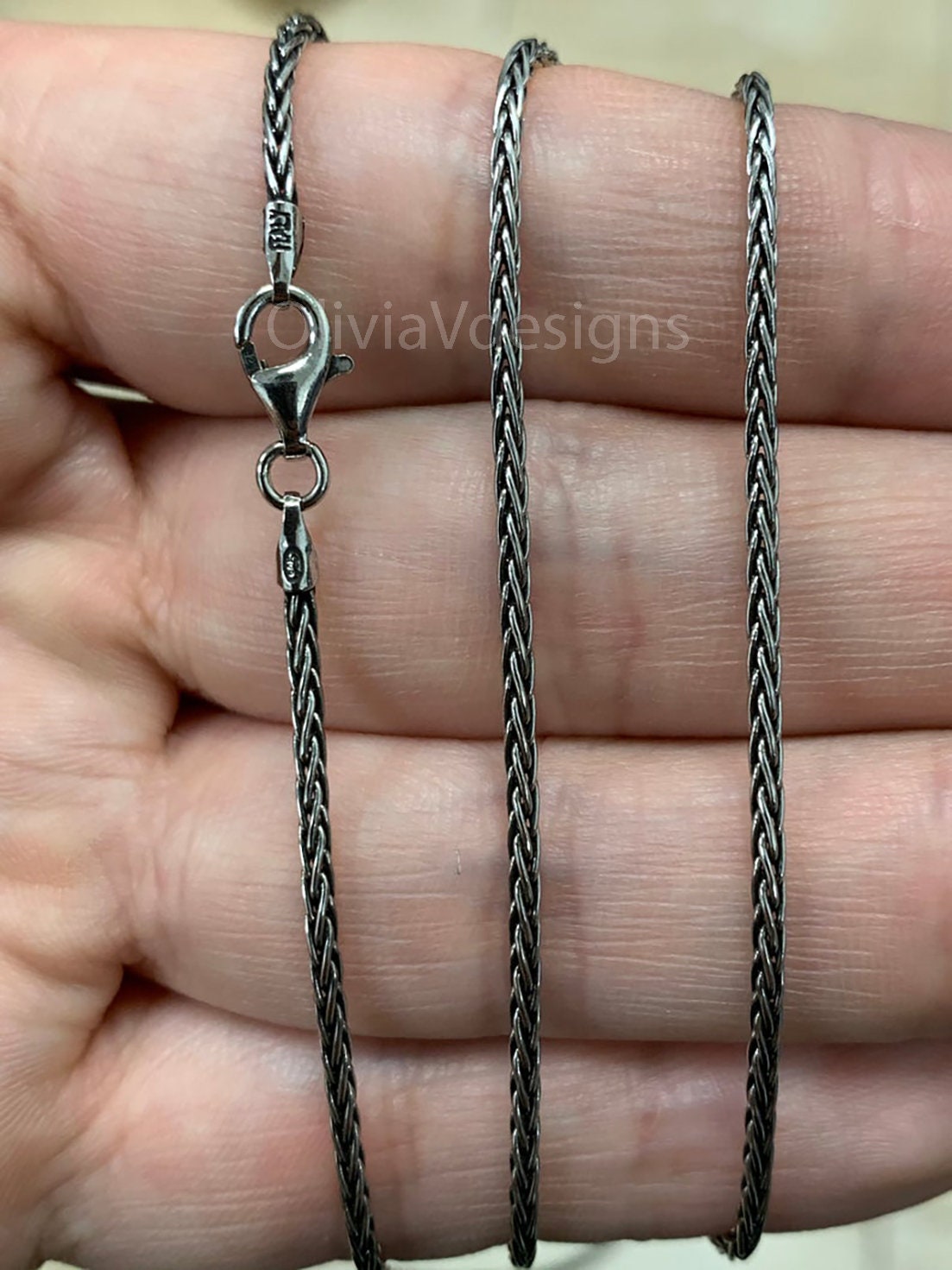 Chain Sterling Silver Oxidized Wheat Spiga Chain 1.5mm, Bali Woven Chain, Braided Black Chain Necklace, Rustic Chain For Pendants, 925
