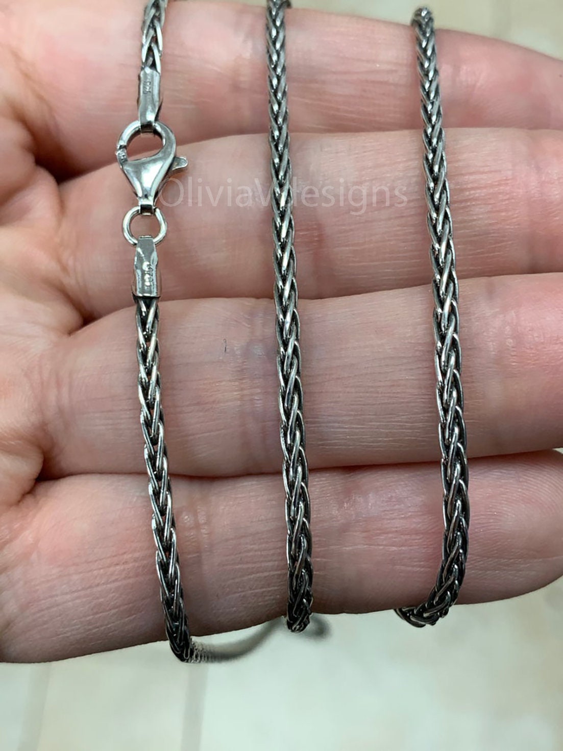 Chain Sterling Silver Oxidized Wheat Spiga Chain 2mm, Bali Woven Chain, Braided Black Chain Necklace, Rustic Chain For Pendants, 925