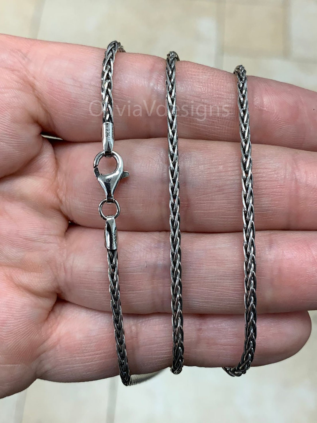 Chain Sterling Silver Oxidized Wheat Spiga Chain 2mm, Bali Woven Chain, Braided Black Chain Necklace, Rustic Chain For Pendants, 925