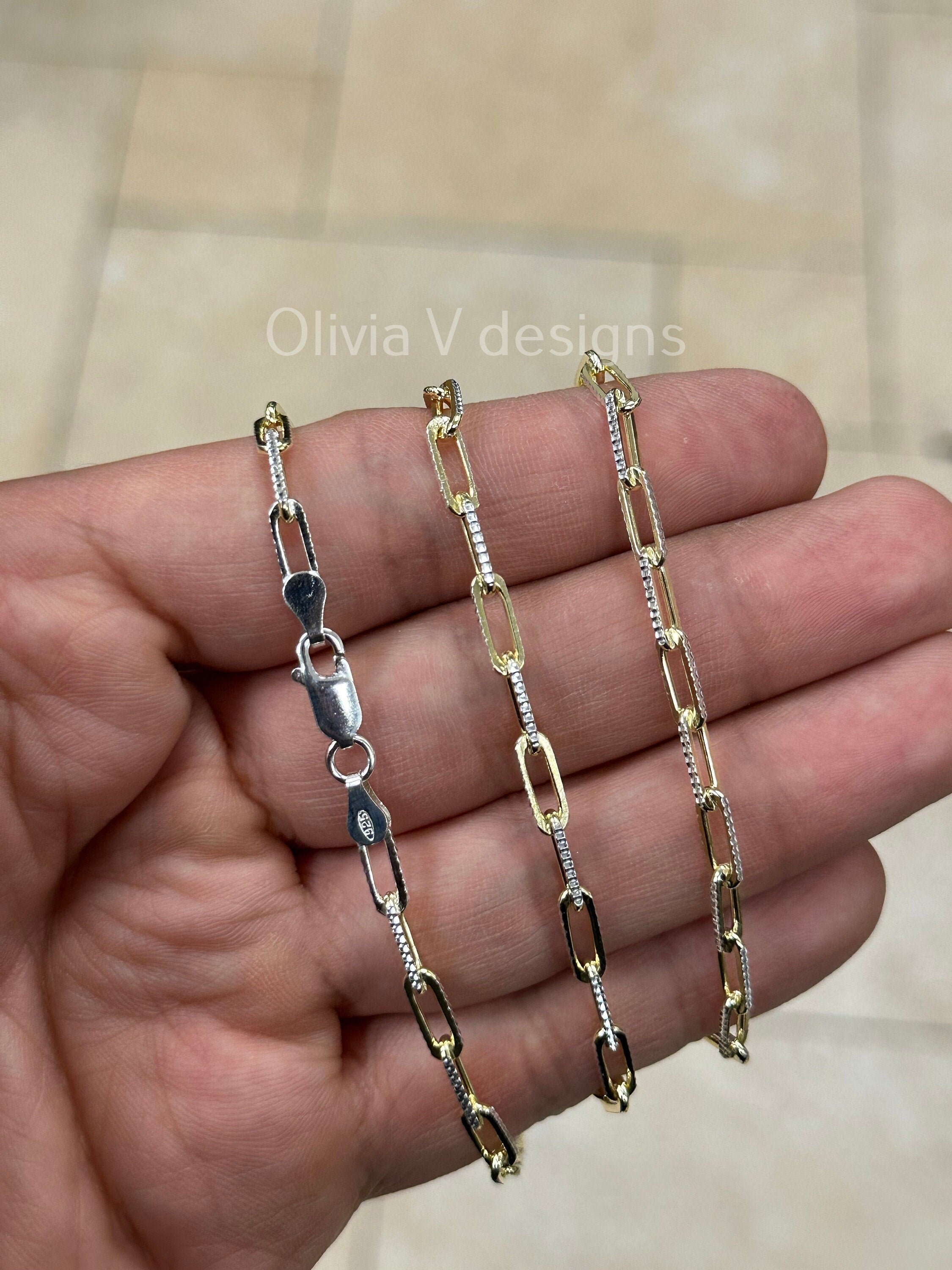 14k Gold Over 925 Sterling Silver 2 Tone Diamond Cut Paper Clip 3.5mm Elongated Link Chain, Rectangular Staple Link Necklace, Layering