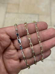 14k Gold Over 925 Sterling Silver 2 Tone Diamond Cut Paper Clip 3.5mm Elongated Link Chain, Rectangular Staple Link Necklace, Layering