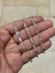 14k Gold Over 925 Sterling Silver 2 Tone Diamond Cut Paper Clip 3.5mm Elongated Link Chain, Rectangular Staple Link Necklace, Layering