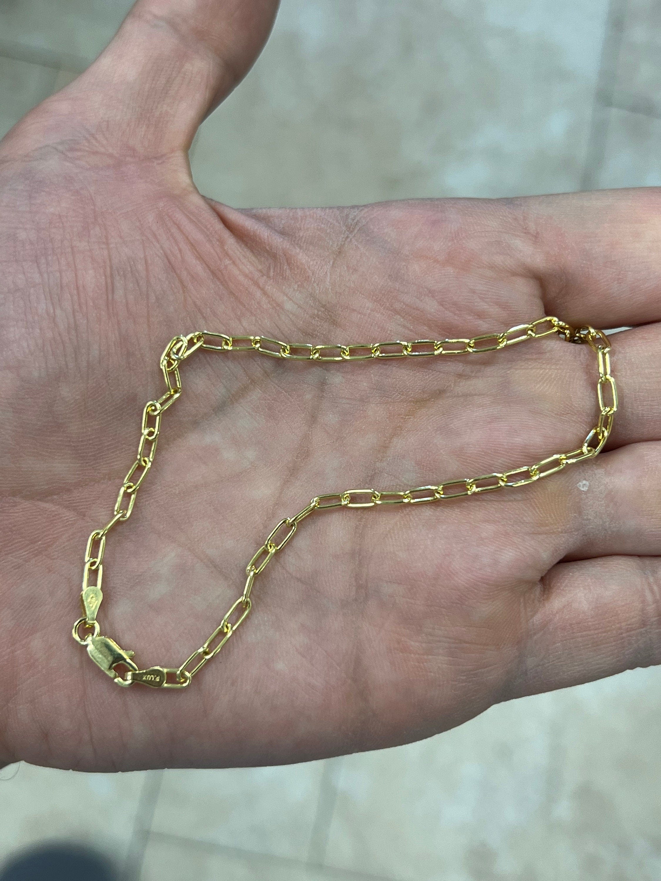 14k Gold Over 925 Sterling Silver Paper Clip 3mm Anklet 10'' Elongated Link Chain, Rectangular Staple Link Necklace, Layering