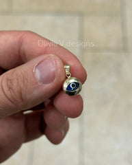 14k Yellow Gold Greek Evil Eye Pendant, Dainty Eye - Genuine 14k Gold - Talisman Good Luck, , Protection, Diamond Cut, Light Blue, 9mm