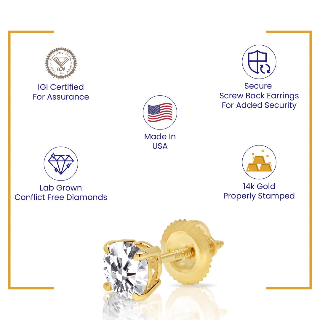 IGI Certified 14k Gold Lab Grown Diamond Studs 2.00 Carats D VS1, Screw Back, Diamond Studs, Round Diamond Stud Earrings Unisex