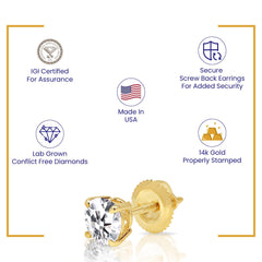 IGI Certified 14k Gold Lab Grown Diamond Studs 2.00 Carats D VS1, Screw Back, Diamond Studs, Round Diamond Stud Earrings Unisex