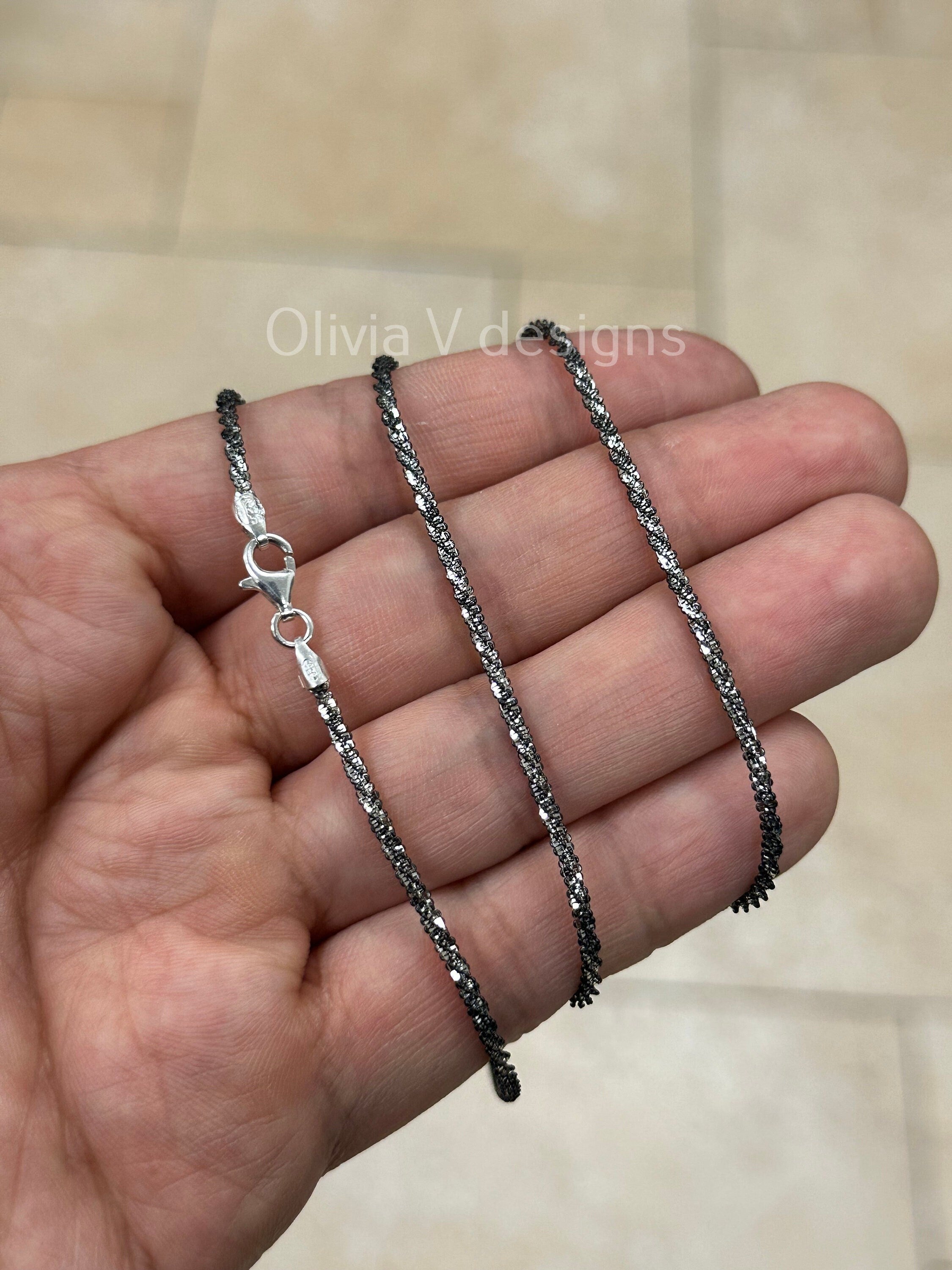 Oxidized 925 Sterling Silver Sparkle Glitter Margarita Twisted Rock Chain 2.5mm Necklace, Real 925 Sterling Silver, Diamond Cut, Rustic