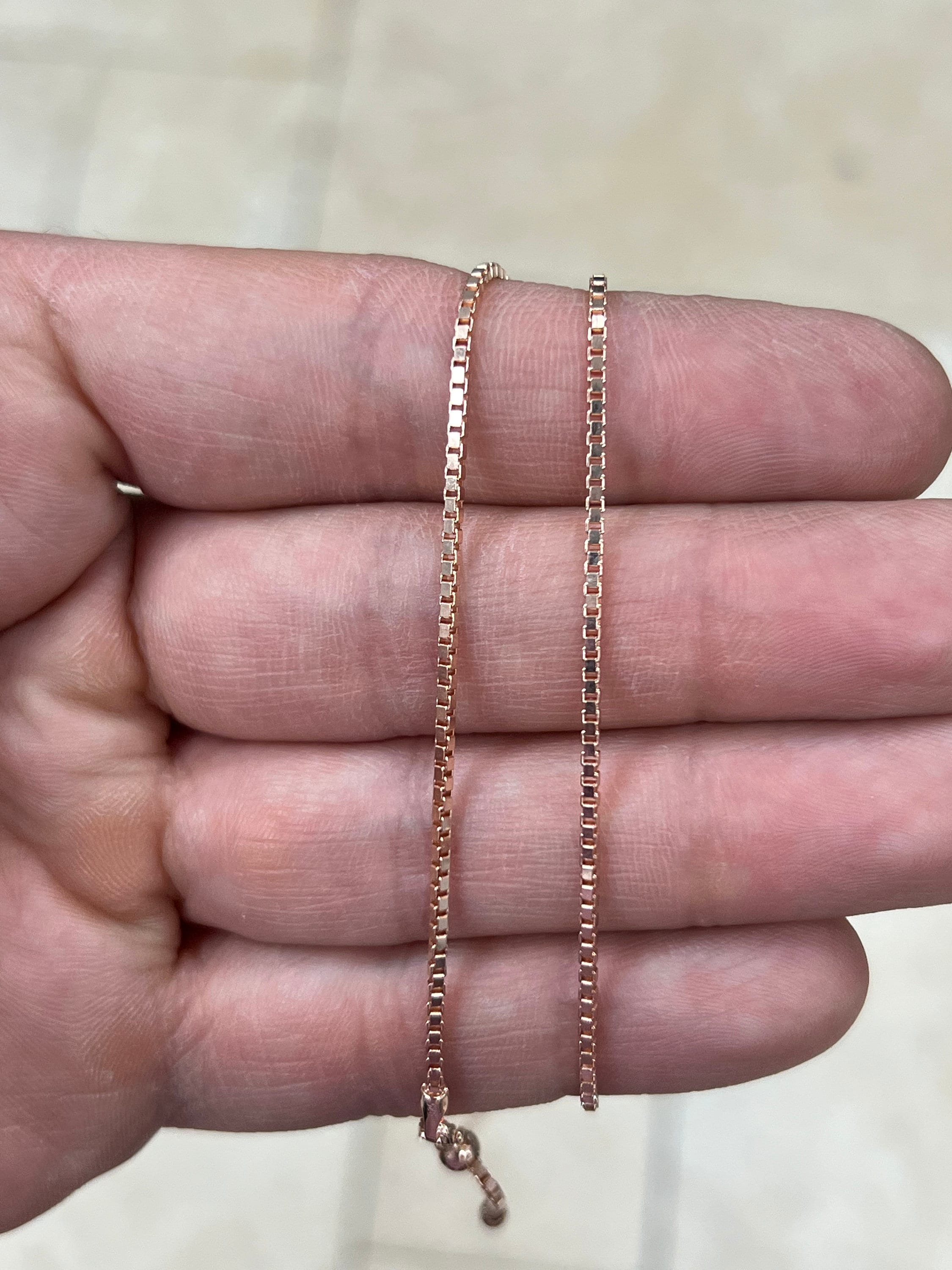 14K Rose Gold Over 925 Sterling Silver Box  Adjustable 1.3mm Chain, Silver, Sterling Silver Chain, 925 Sterling Silver, Finished Necklace