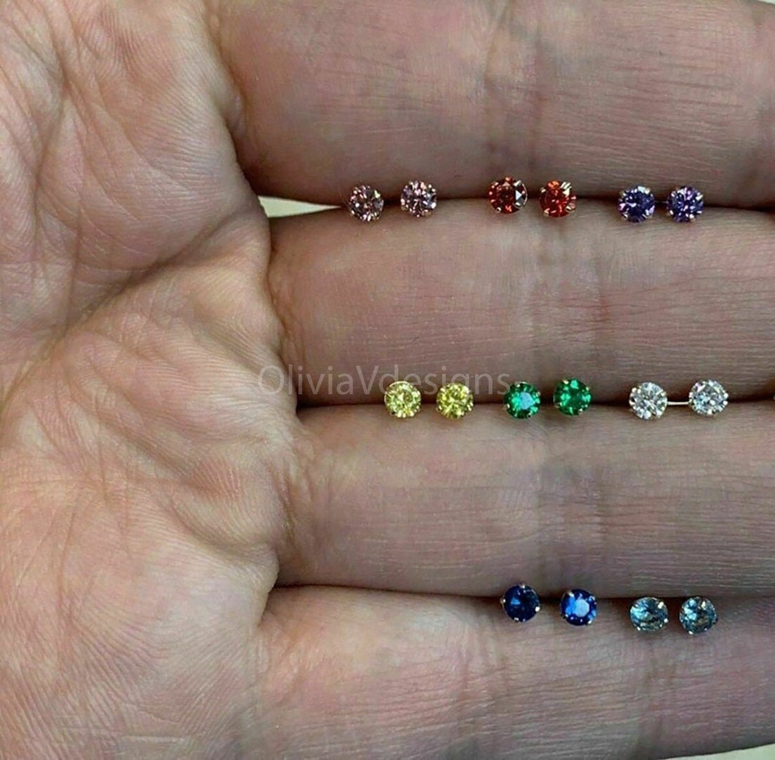 Round 14k Gold Birthstone Stud Earrings 3mm, Choose Your Birth Month Stone, CZ Earrings, Gift, Dainty Cubic Zirconia Jewelry, 14k Backs