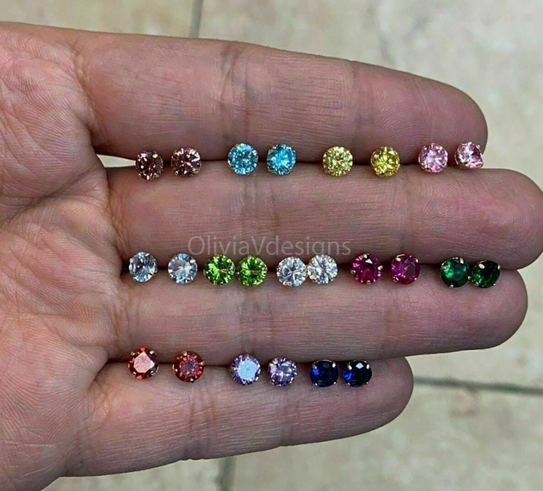 Round 14k Gold Birthstone Stud Earrings 5mm, Choose Your Birth Month Stone, CZ Earring, Gift, Dainty Cubic Zirconia Jewelry, 14k Backs