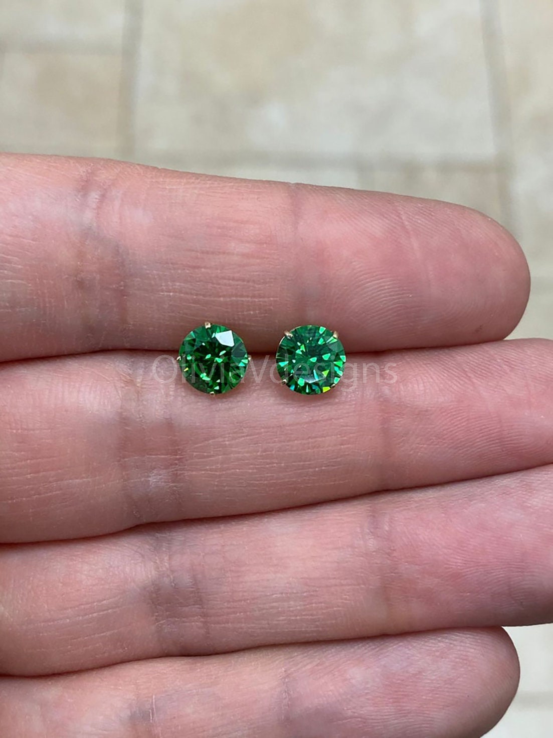 Round 14k Gold Birthstone Stud Emerald  Earrings 7mm, CZ Earrings,Bridesmaid Gift, Dainty Cubic Zirconia Jewelry