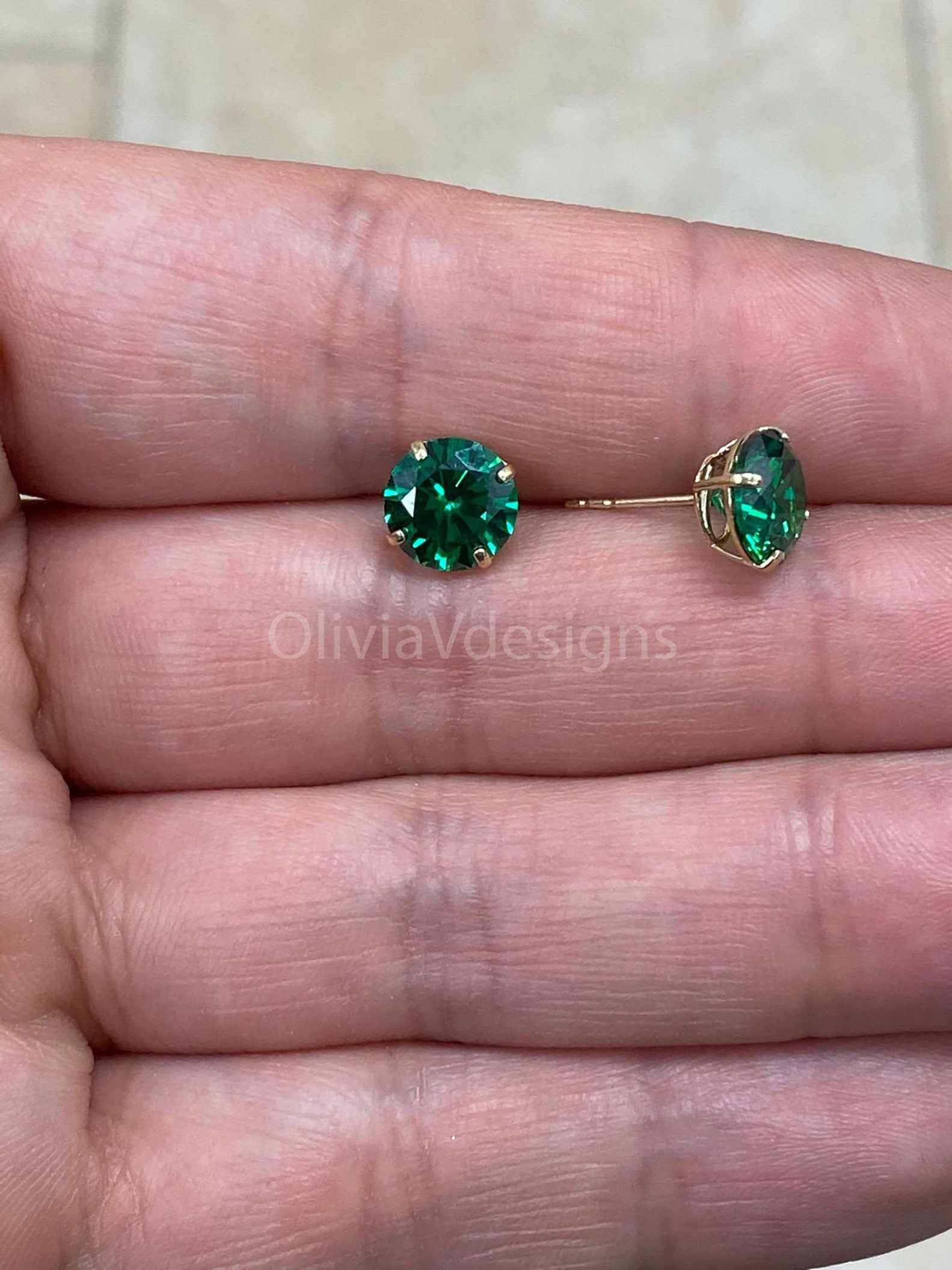 Round 14k Gold Birthstone Stud Emerald  Earrings 8mm, CZ Earrings,Bridesmaid Gift, Dainty Cubic Zirconia Jewelry