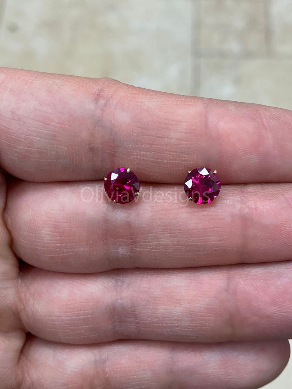 Round 14k Gold Birthstone Stud Ruby Earrings 7mm, CZ Earrings,Bridesmaid Gift, Dainty Cubic Zirconia Jewelry