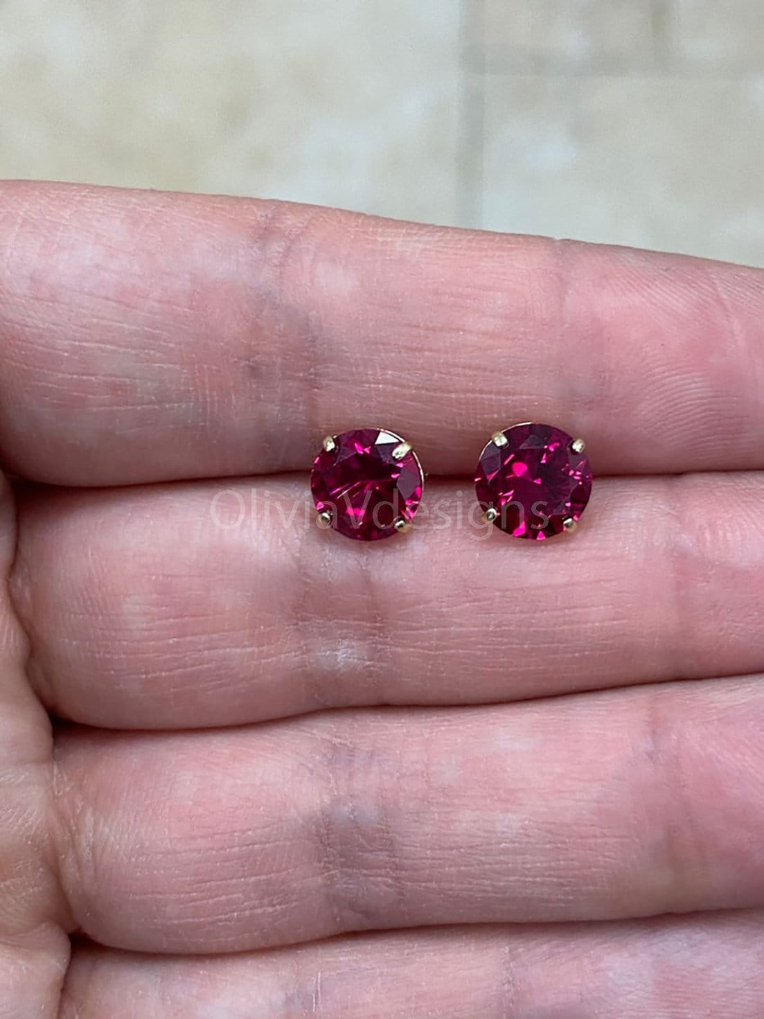 Round 14k Gold Birthstone Stud Ruby Earrings 8mm, CZ Earrings,Bridesmaid Gift, Dainty Cubic Zirconia Jewelry