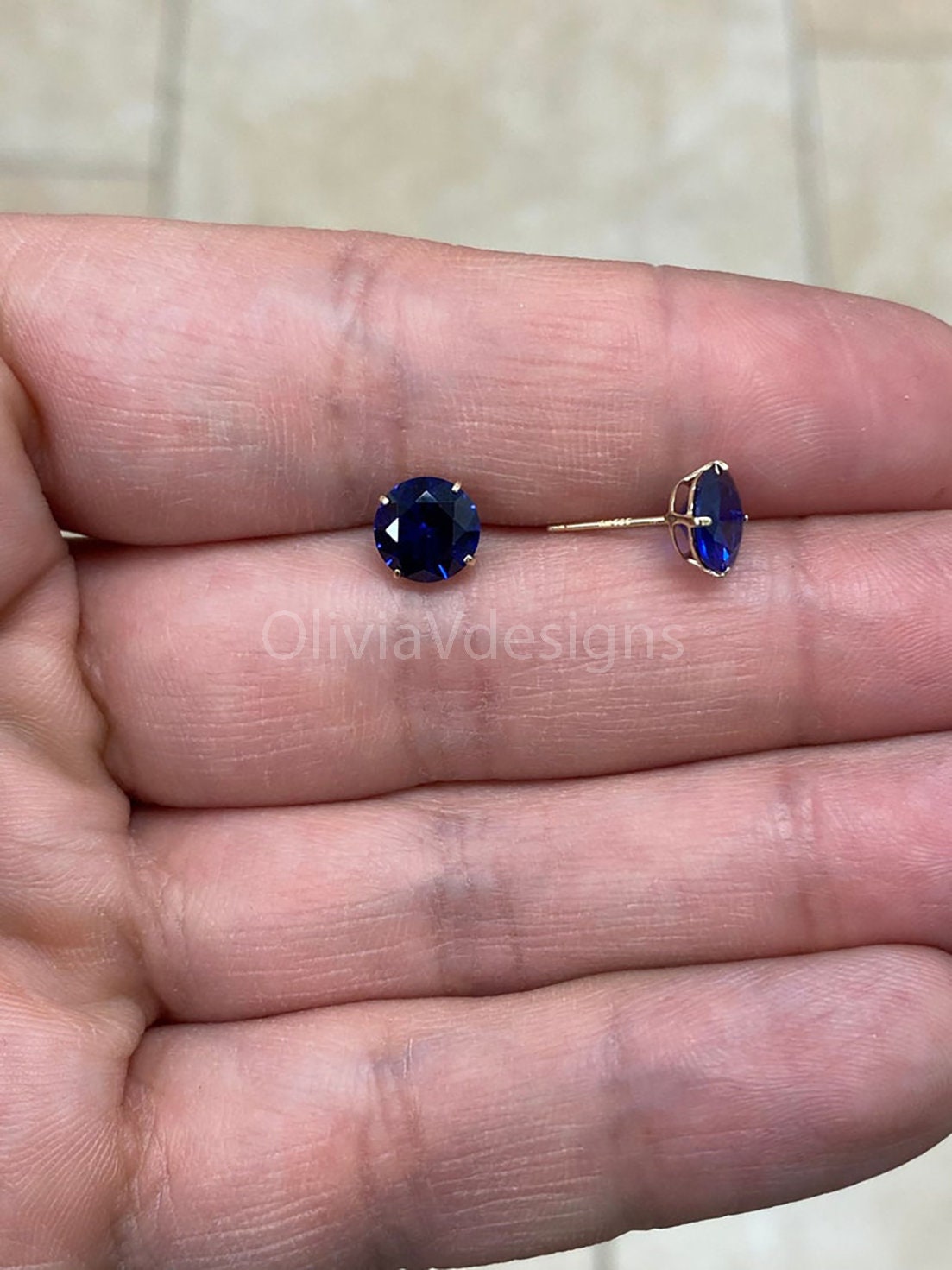 Round 14k Gold Birthstone Stud Sapphire  Earrings 7mm, CZ Earrings,Bridesmaid Gift, Dainty Cubic Zirconia Jewelry
