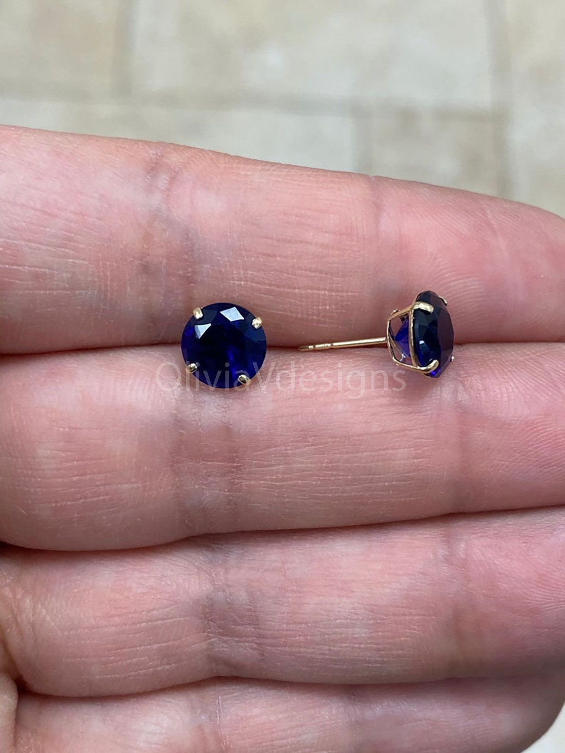 Round 14k Gold Birthstone Stud Sapphire  Earrings 8mm, CZ Earrings,Bridesmaid Gift, Dainty Cubic Zirconia Jewelry