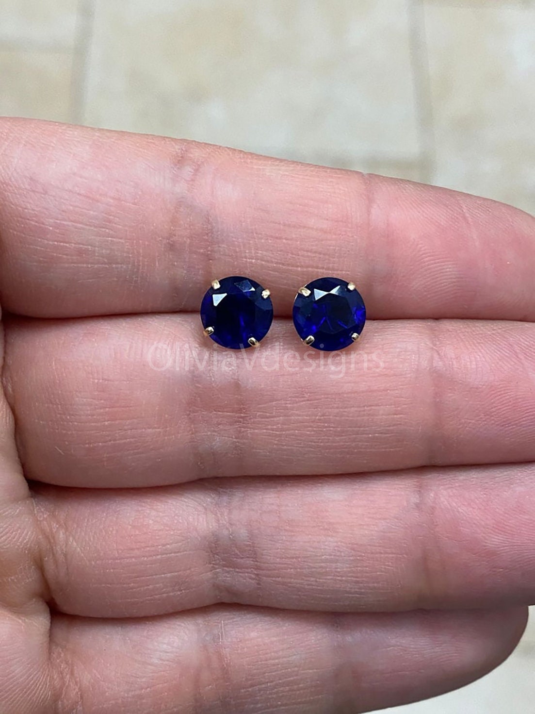 Round 14k Gold Birthstone Stud Sapphire  Earrings 8mm, CZ Earrings,Bridesmaid Gift, Dainty Cubic Zirconia Jewelry