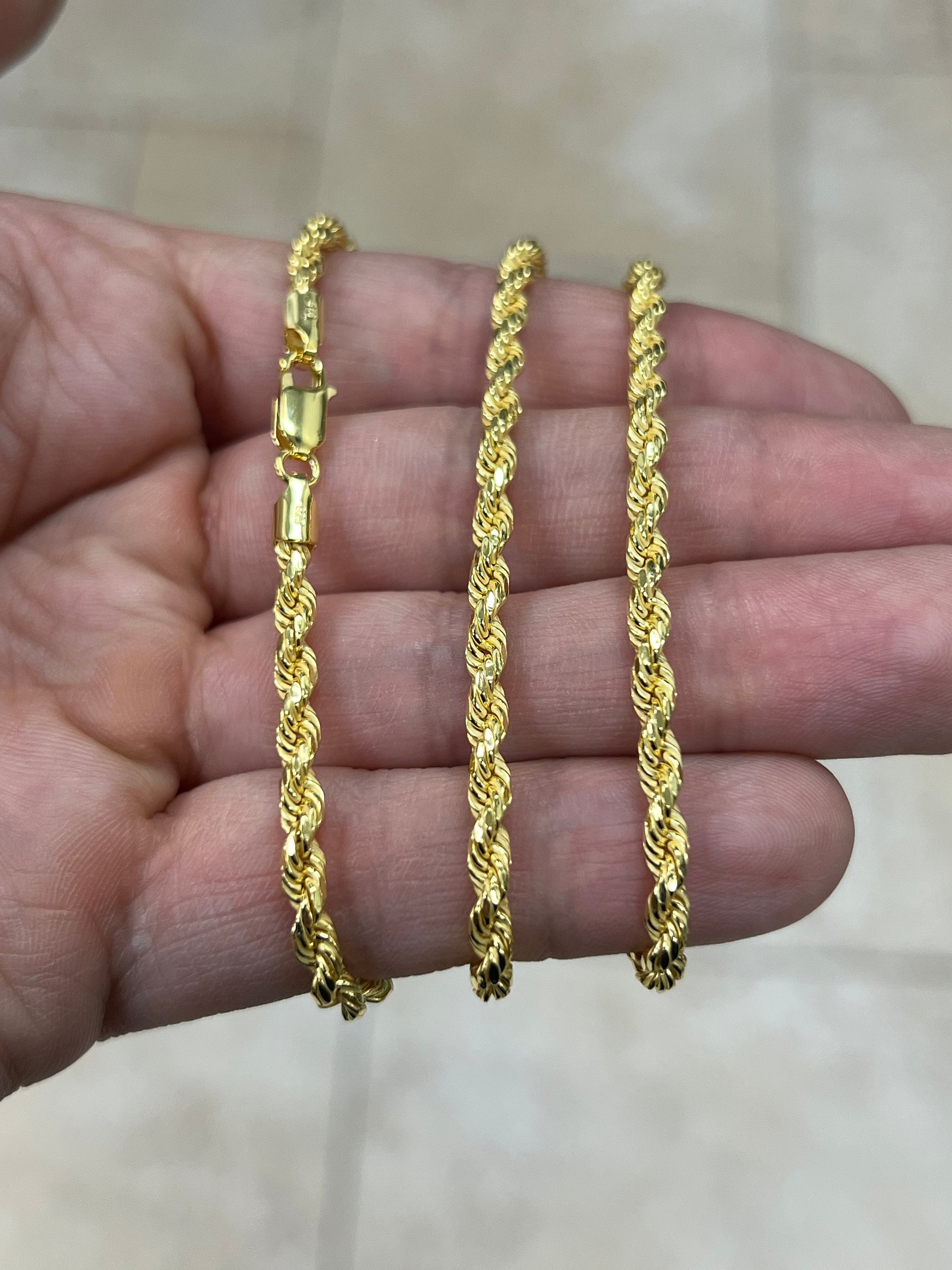 Solid 14k Yellow Gold Over 925 Sterling Silver Italian Rope Chain, 3.50mm, Diamond Cut, Necklace, Made in Italy, Gift For Him, Gift For Her