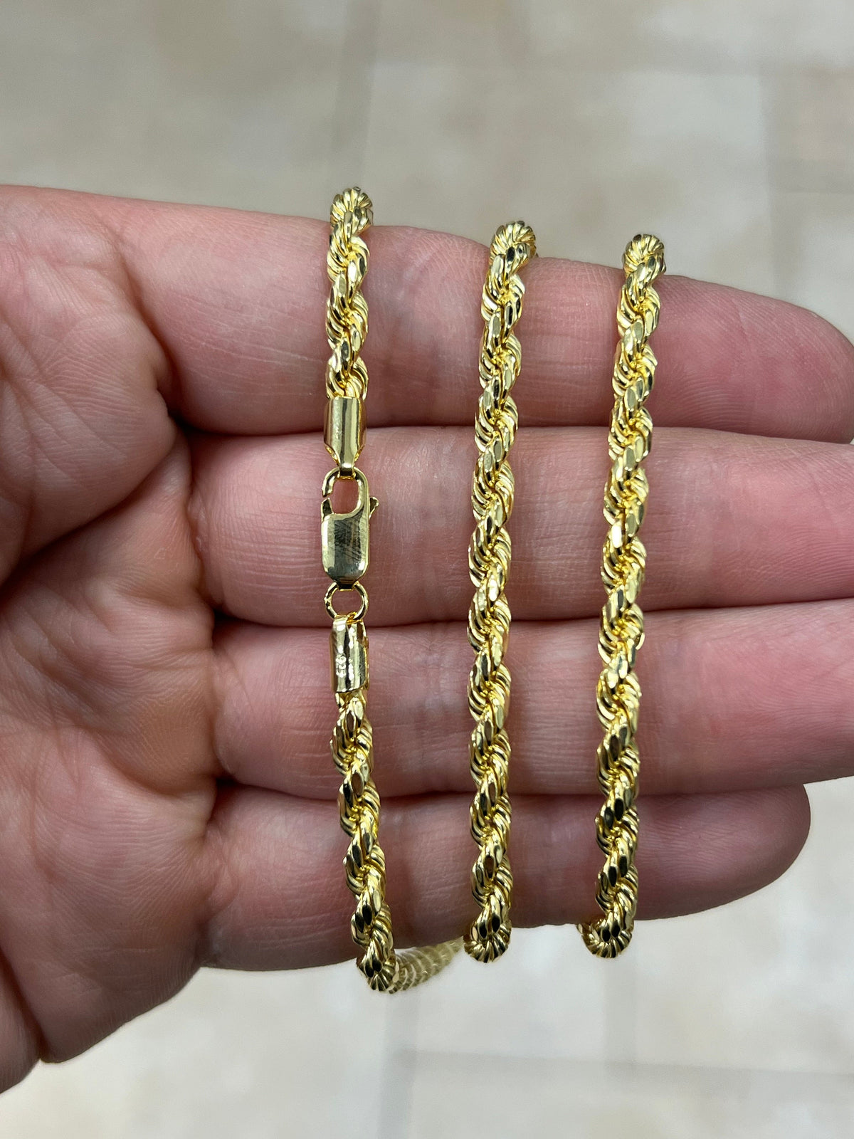 Solid 14k Yellow Gold Over 925 Sterling Silver Italian Rope Chain, 4.00mm, Diamond Cut, Necklace, Made in Italy, Gift For Him, Gift For Her