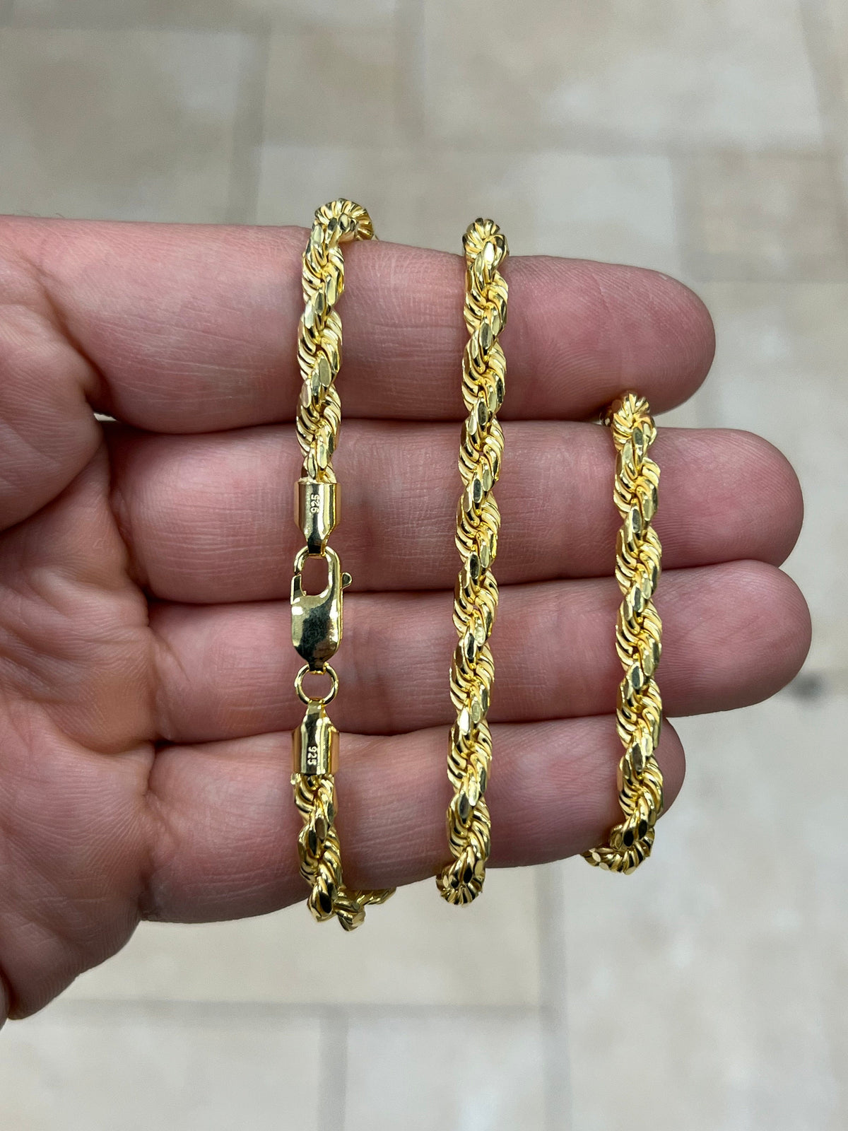 Solid 14k Yellow Gold Over 925 Sterling Silver Italian Rope Chain, 5mm, Diamond Cut, Necklace, Made in Italy, Gift For Him, Gift For Her