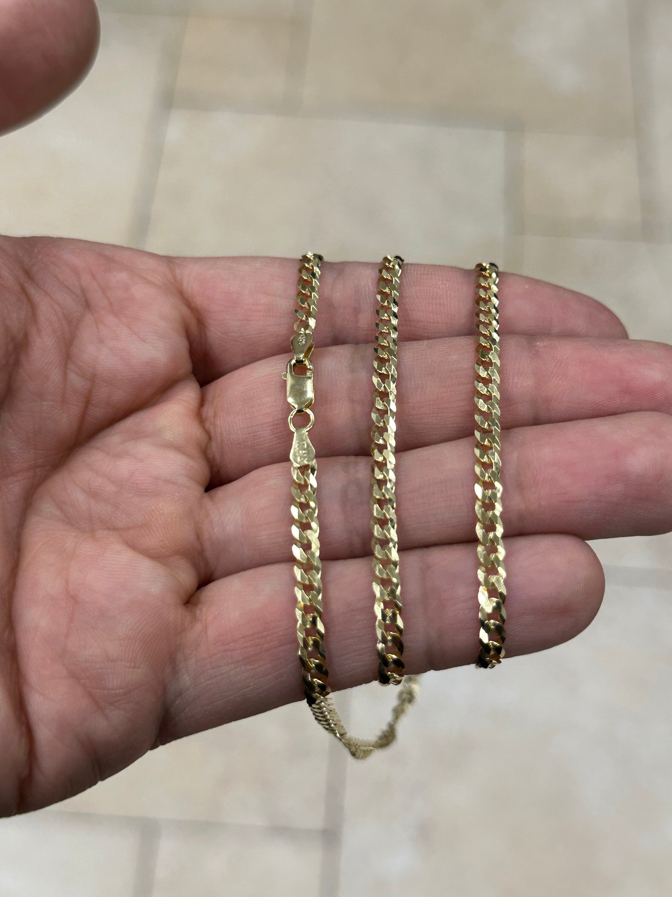 Solid 925 14k Gold Over 925 Sterling Silver Flat Cuban 3.7mm Necklace, Solid Flat Miami Cuban Curb Link Chain, 3.7mm Necklace Chain, Gift