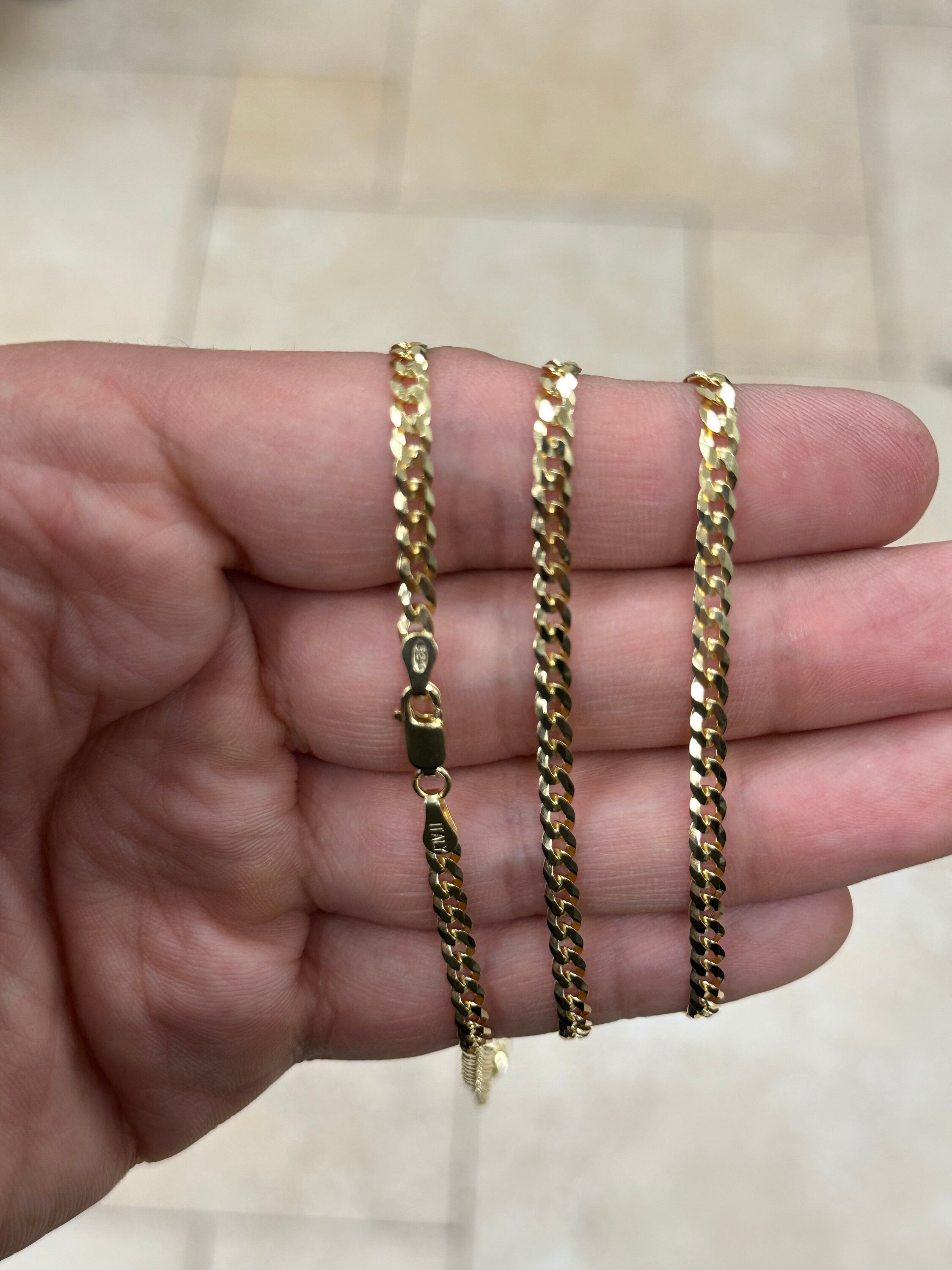 Solid 925 14k Gold Over 925 Sterling Silver Flat Cuban 3.7mm Necklace, Solid Flat Miami Cuban Curb Link Chain, 3.7mm Necklace Chain, Gift