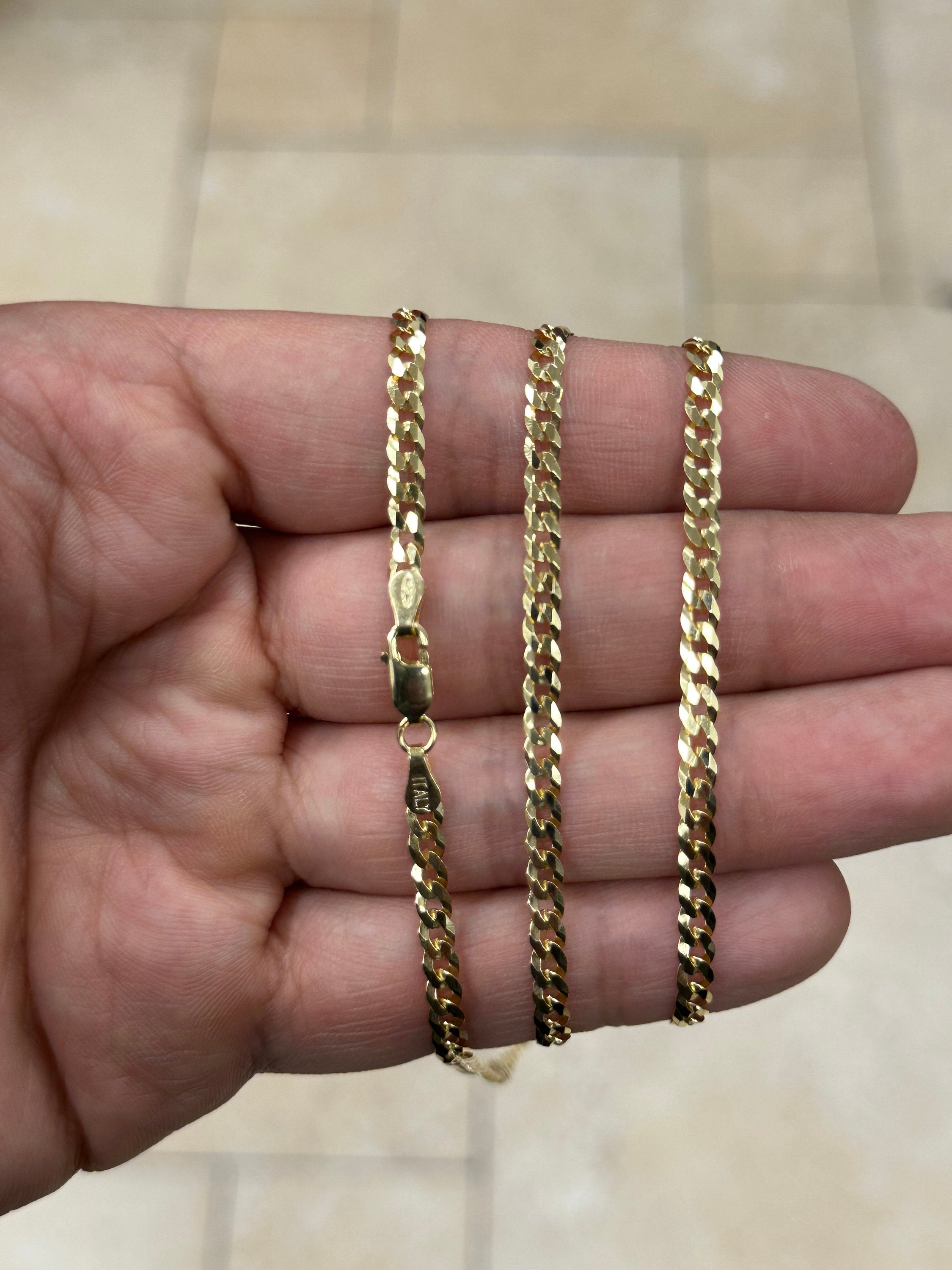Solid 925 14k Gold Over 925 Sterling Silver Flat Cuban 3.7mm Necklace, Solid Flat Miami Cuban Curb Link Chain, 3.7mm Necklace Chain, Gift