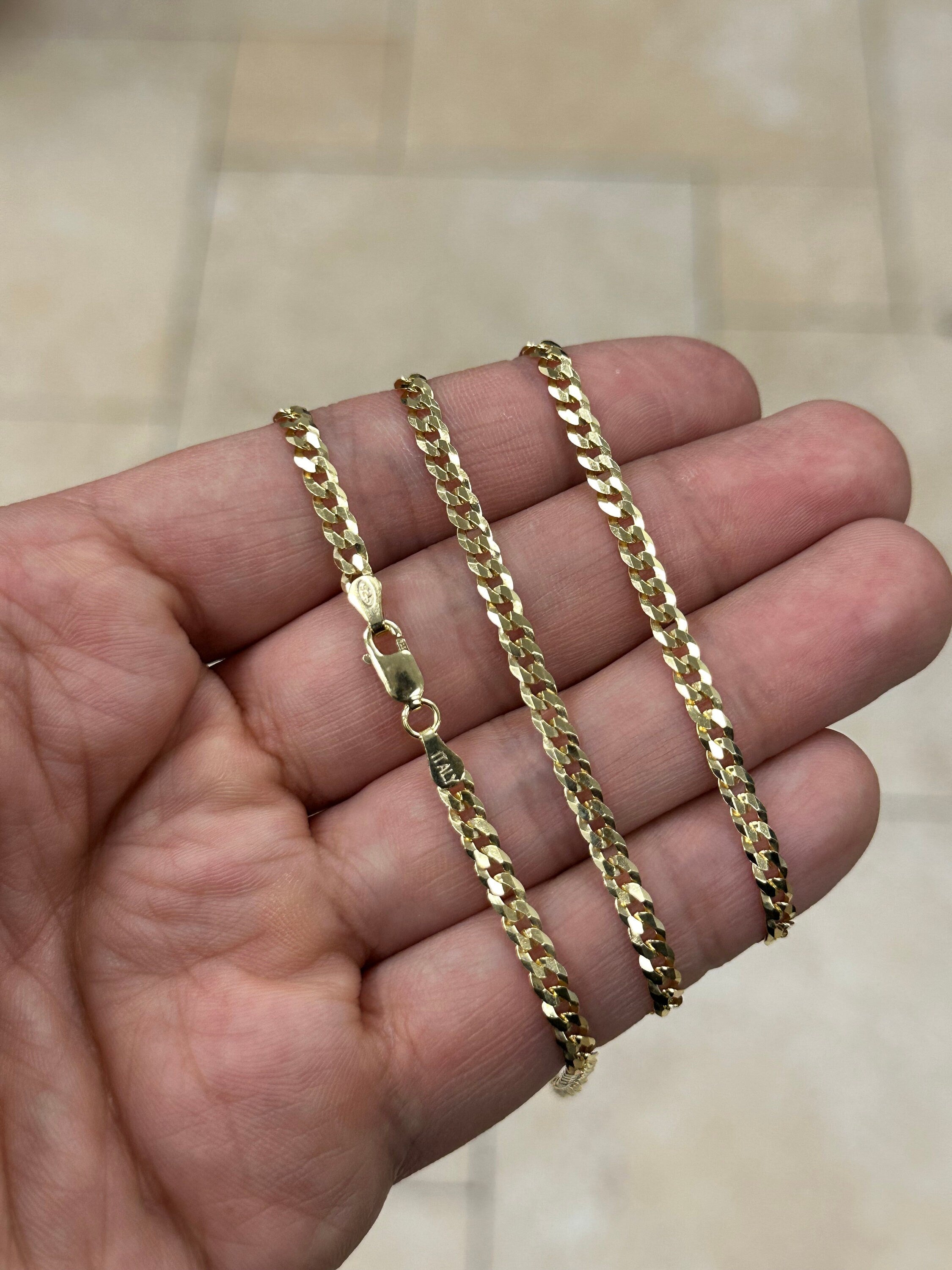 Solid 925 14k Gold Over 925 Sterling Silver Flat Cuban 3.7mm Necklace, Solid Flat Miami Cuban Curb Link Chain, 3.7mm Necklace Chain, Gift