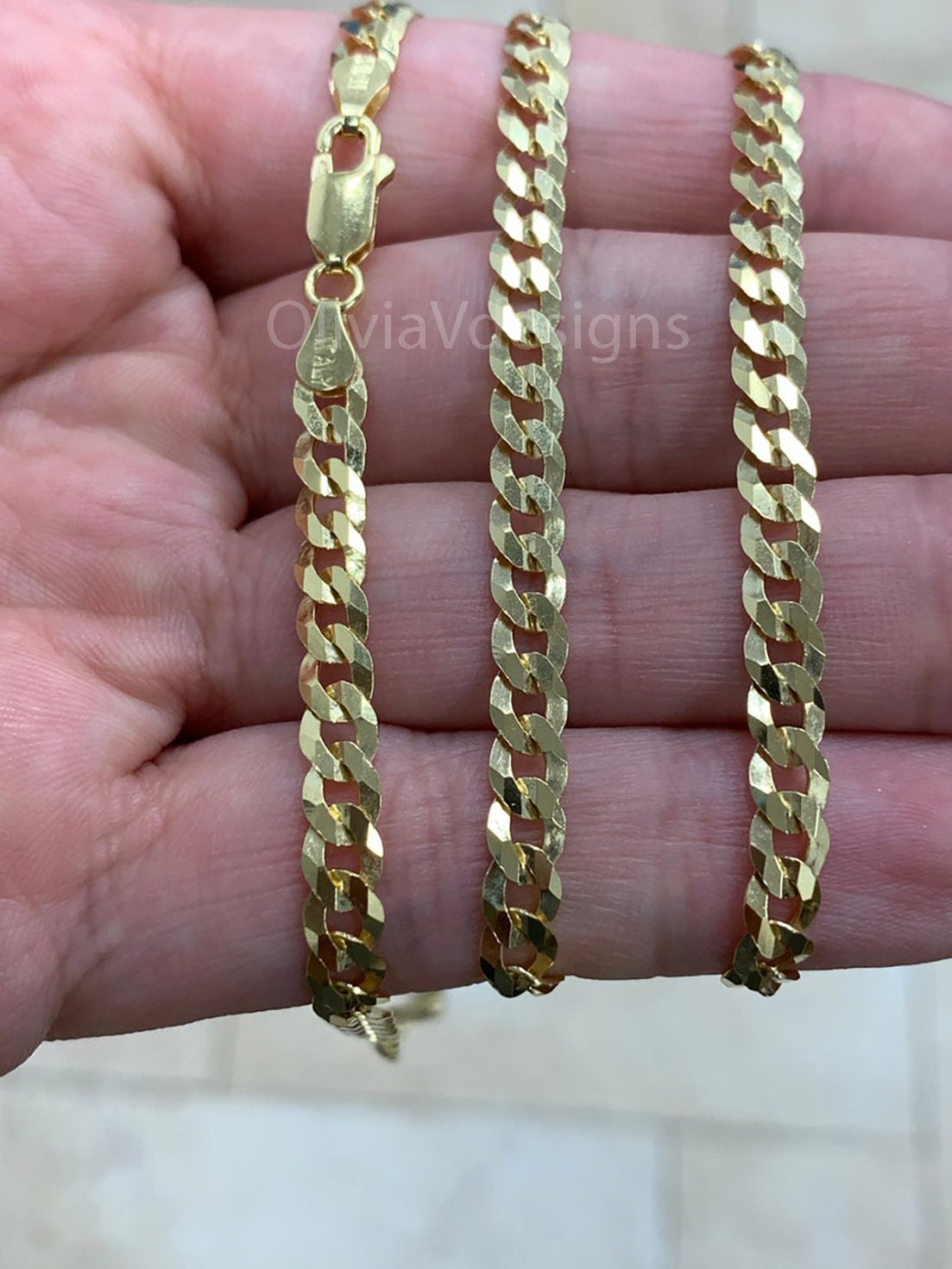 Solid 925 14k Gold Over 925 Sterling Silver Flat Cuban 4mm Necklace, Solid Flat Miami Cuban Curb Link Chain, 4mm Necklace Chain, Gift