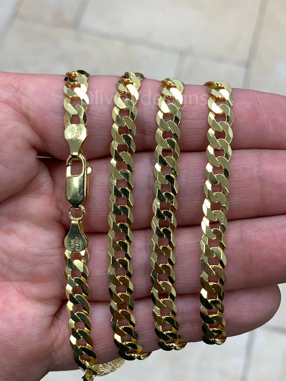 Solid 925 14k Gold Over 925 Sterling Silver Flat Cuban 6mm Necklace, Solid Flat Miami Cuban Curb Link Chain, 6mm Necklace Chain, Gift