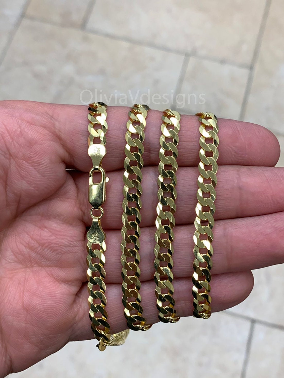 Solid 925 14k Gold Over 925 Sterling Silver Flat Cuban 6mm Necklace, Solid Flat Miami Cuban Curb Link Chain, 6mm Necklace Chain, Gift
