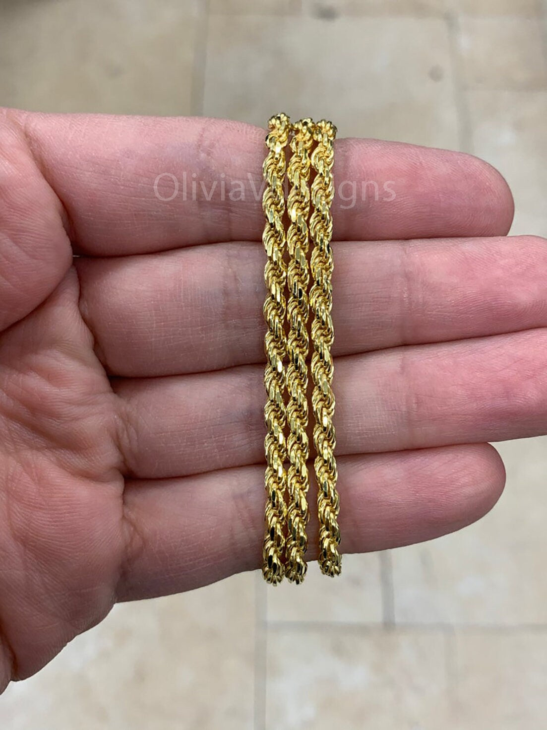 Solid 925 Sterling Silver 14K Gold Plated Italian Rope Chain, 3.20mm, Diamond Cut, Necklace, Made in Italy, Gift For Him, Gift For Her