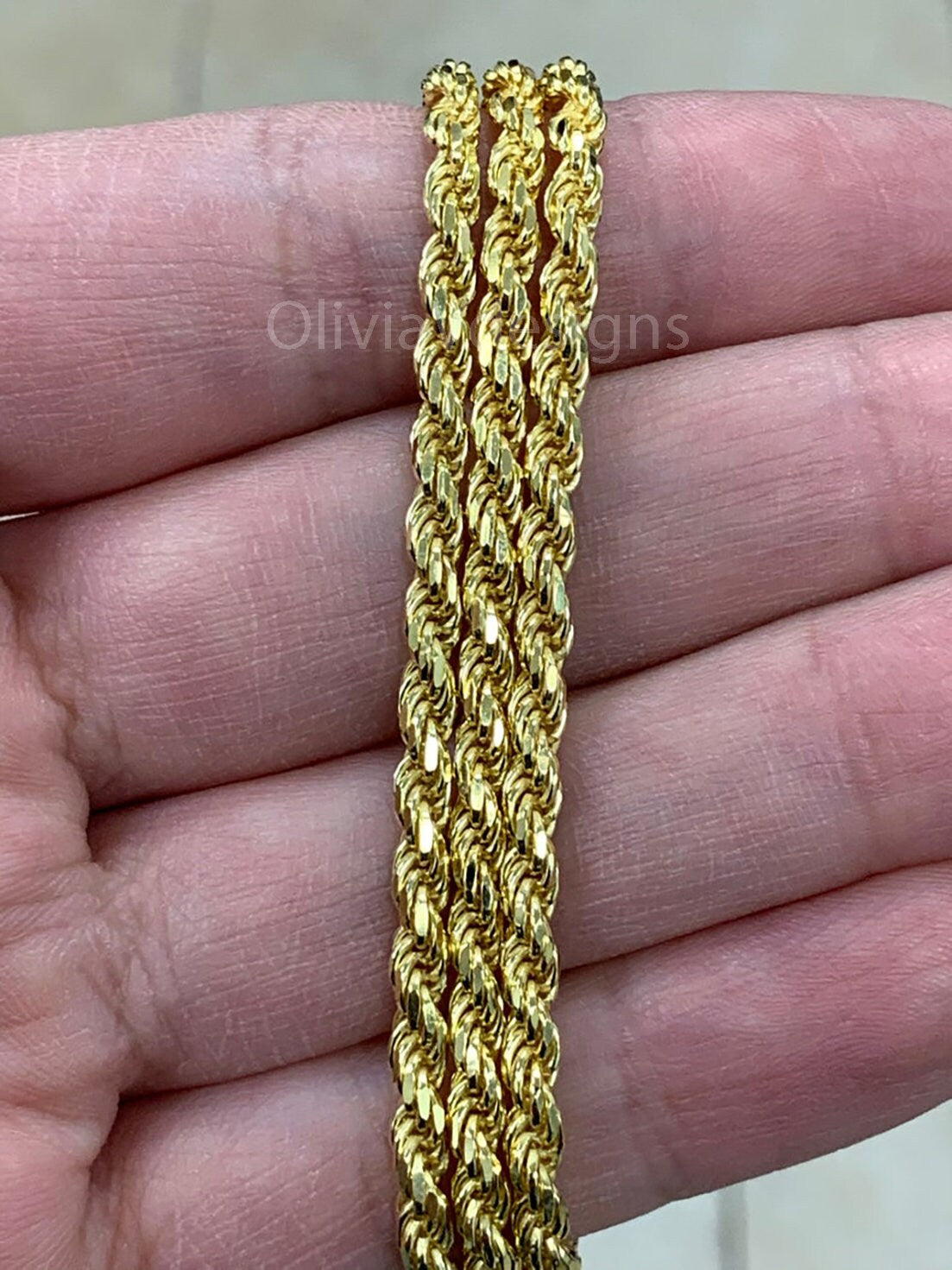Solid 925 Sterling Silver 14K Gold Plated Italian Rope Chain, 3.20mm, Diamond Cut, Necklace, Made in Italy, Gift For Him, Gift For Her