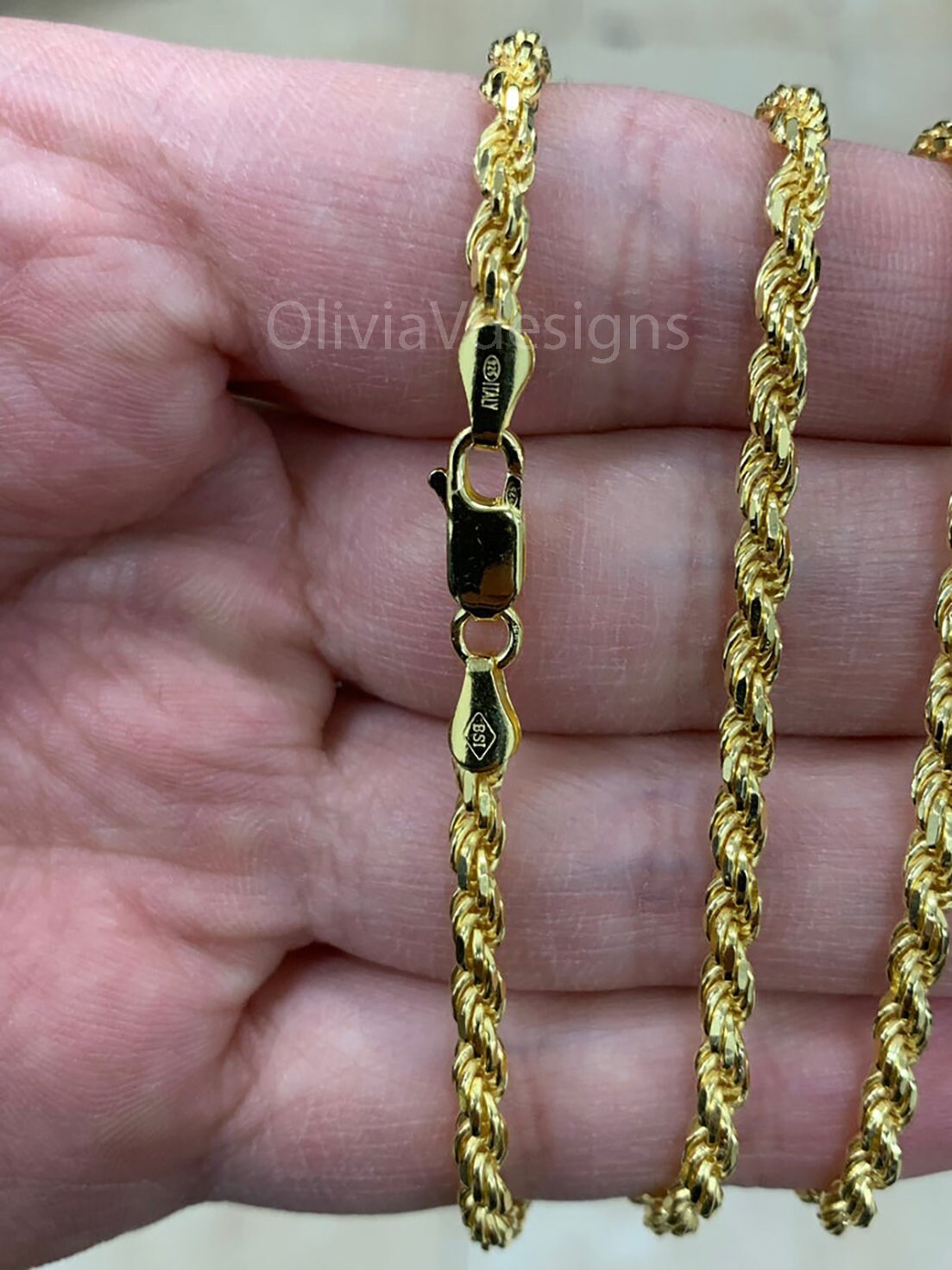 Solid 925 Sterling Silver 14K Gold Plated Italian Rope Chain, 3.20mm, Diamond Cut, Necklace, Made in Italy, Gift For Him, Gift For Her