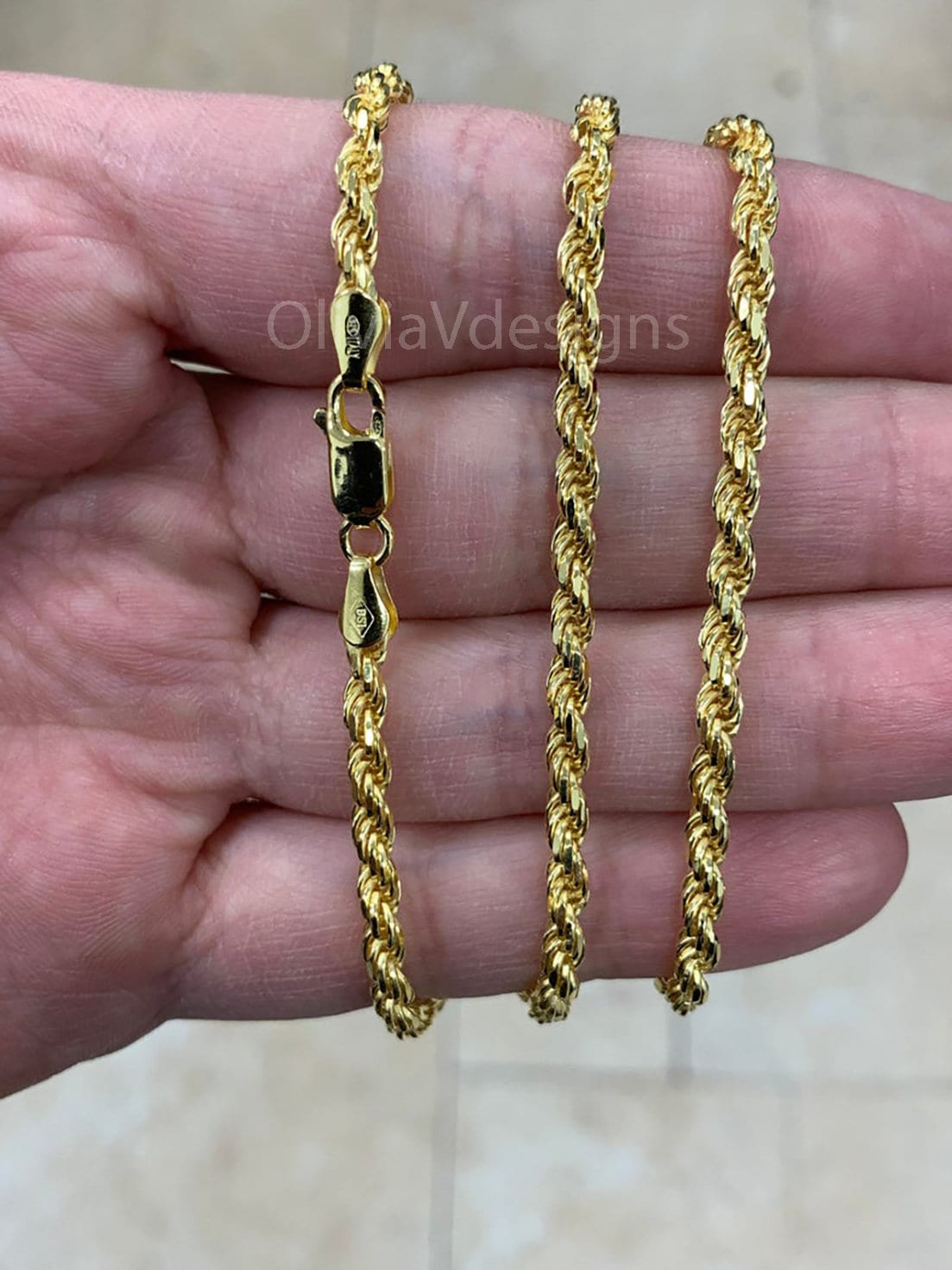 Solid 925 Sterling Silver 14K Gold Plated Italian Rope Chain, 3.20mm, Diamond Cut, Necklace, Made in Italy, Gift For Him, Gift For Her