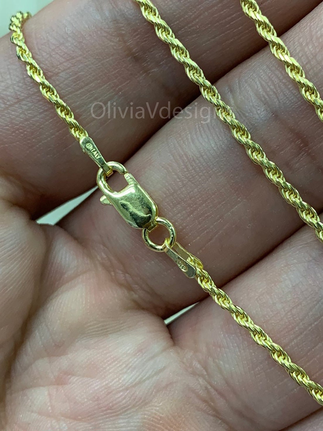 Solid 925 Sterling Silver 14K Gold Vermeil Italian Rope Chain, 1.5mm  Diamond Cut, Necklace, Made in Italy, Gift For Him, Gift For Her