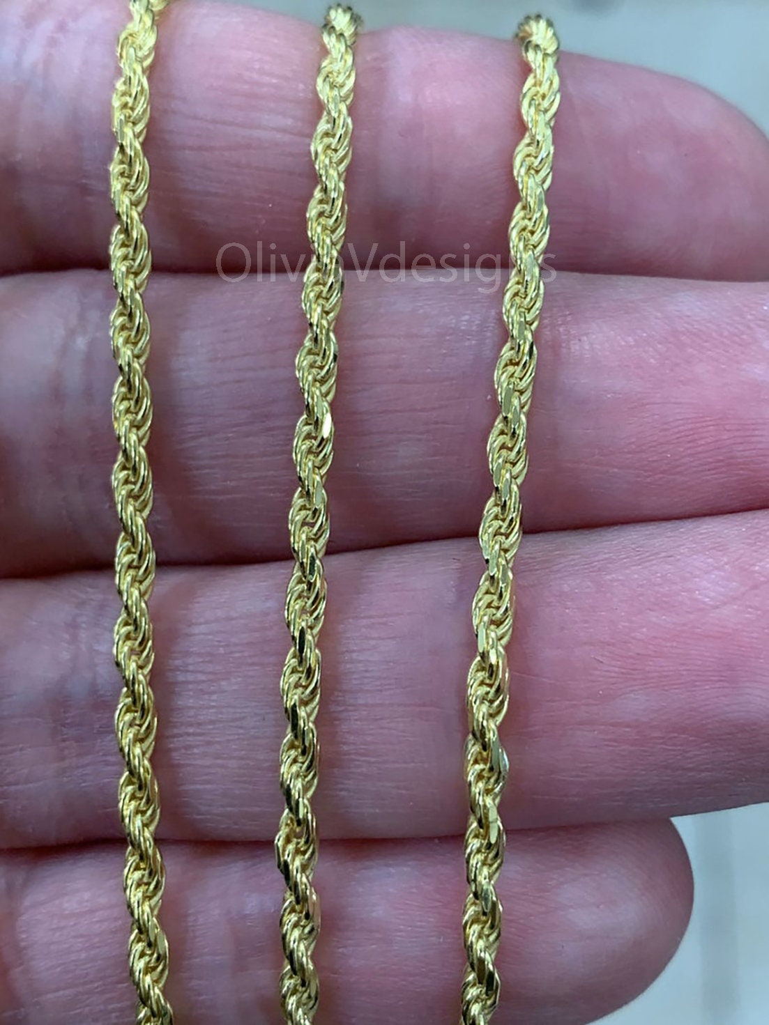 Solid 925 Sterling Silver 14K Gold Vermeil Italian Rope Chain, 2.5mm, Diamond Cut, Necklace, Made in Italy, Gift For Him, Gift For Her