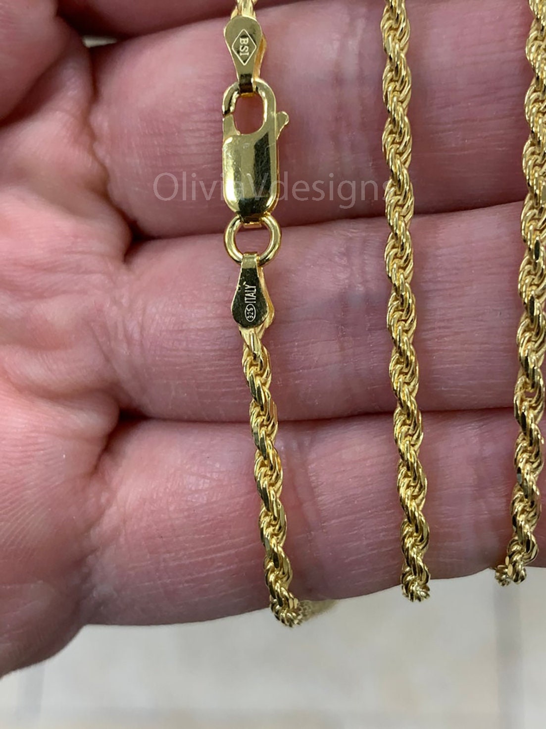 Solid 925 Sterling Silver 14K Gold Vermeil Italian Rope Chain, 2.5mm, Diamond Cut, Necklace, Made in Italy, Gift For Him, Gift For Her