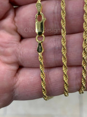 Solid 925 Sterling Silver 14K Gold Vermeil Italian Rope Chain, 2.5mm, Diamond Cut, Necklace, Made in Italy, Gift For Him, Gift For Her
